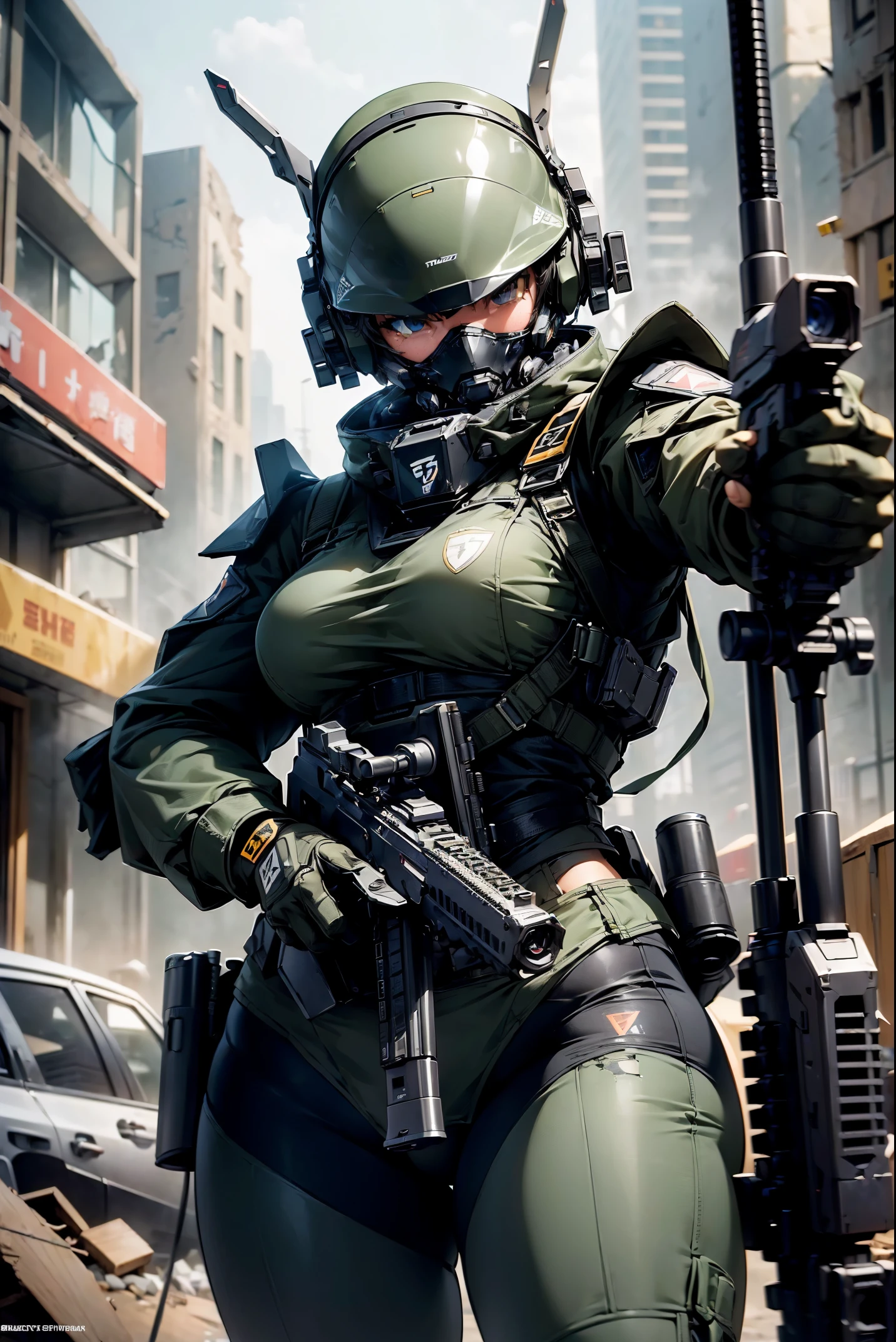 (masterpiece,extremely detailed, a heavy mech, hard surface),(concept art:1.3),(Armored Core Style:0.8),(Woman wearing robot armor of SWAT team),(((aiming at something with a rifle:1.4))),(((Looking into the sight of a rifle:1.4))),(((Black body:1.5))),(The armor has the SWAT logo on it.:1.4),(tactical open face helmet:1.3),(A detailed eye:1.3),(A detailed face:1.3),(Detailed weapons:1.3),(Detailed body:1.3),(full bodyesbian:1.5),(The background is a collapsed city:1.5),逼真