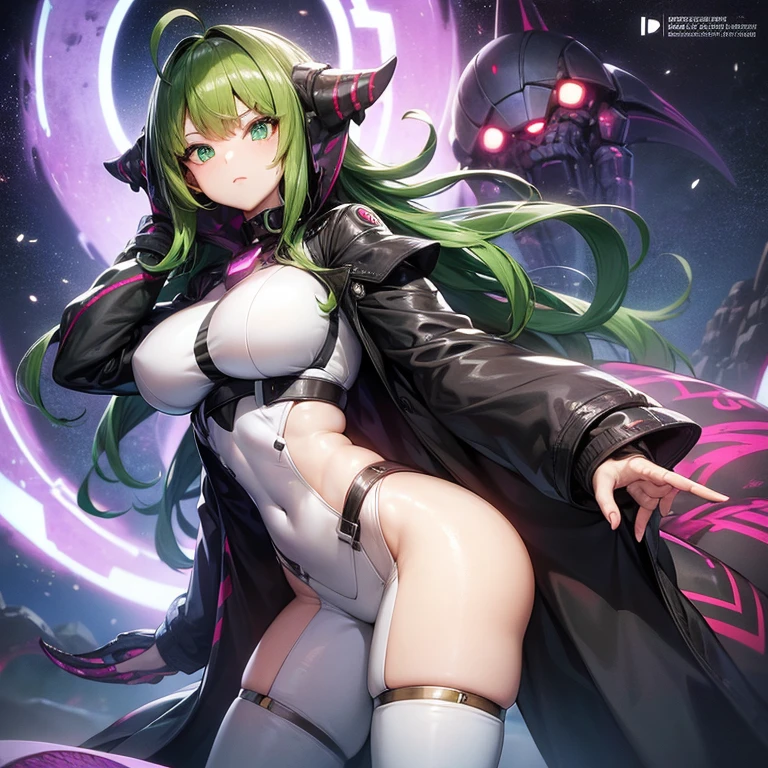 (( Female human-shaped alien with big breasts)), ((botas largas que el llega a los muslos y un traje espacial)),((ojos negros y cabello largo alisado)),(( guantes que el llega a los hombros)),(( It has black and green tentacles)), ((He is in a control room of his ship)). Asperto: anime, fantacia, futurista, meka.