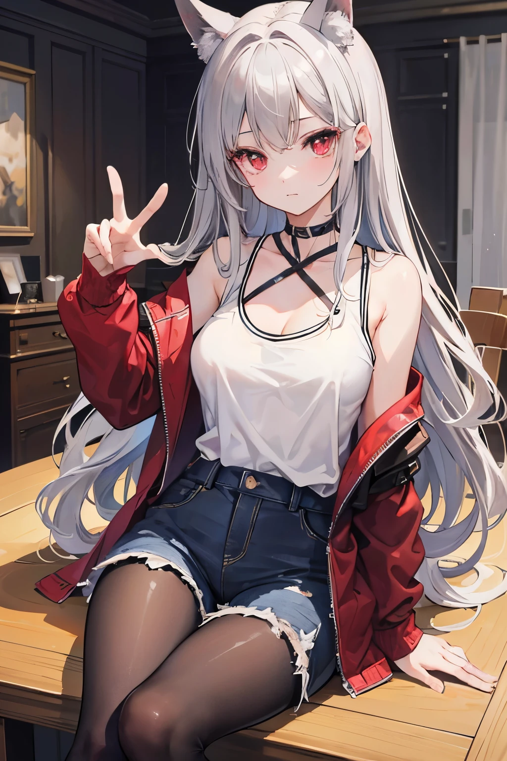 masterpiece, Highest quality, beautiful, high resolution, perfect anatomy, Beautiful gray hair、Beautiful red eyes、Longhaire、Tank tops、shortpants、a choker、 pantyhose, jacket, selfie style、selfee、piece、piece sign、 8K、a beauty girl、 Nice、 Beautiful hair、 Beautiful eyes、 Beautiful skin、Beautiful legs、Beautiful arms、Perfect fingers、 Very cute、 Very kawaii、