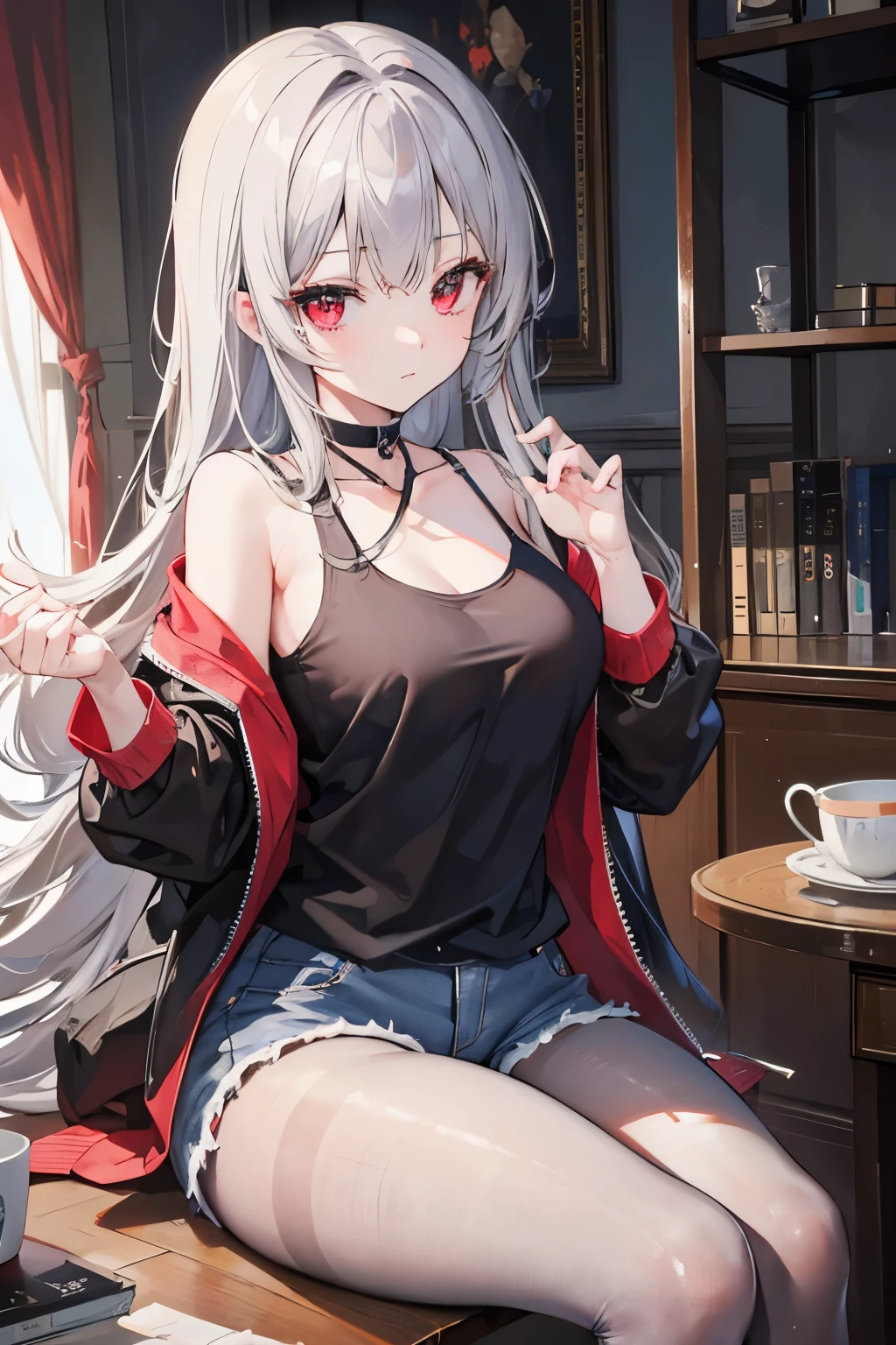 masterpiece, Highest quality, beautiful, high resolution, perfect anatomy, Beautiful gray hair、Beautiful red eyes、Longhaire、Tank tops、denim shortpants、a choker、 black pantyhose, brown jacket, selfie style、selfee、piece、piece sign、 8K、a beauty girl、 Nice、 Beautiful hair、 Beautiful eyes、 Beautiful skin、Beautiful legs、Beautiful arms、Perfect fingers、 Very cute、 Very kawaii、