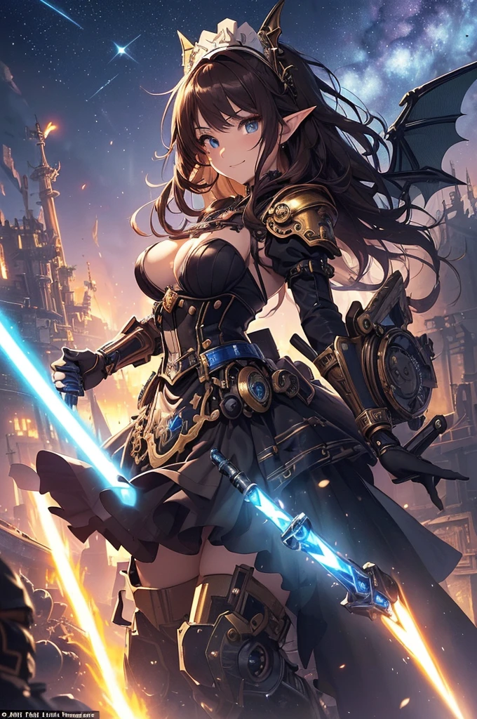 top-quality、Top image quality、masterpiece、low angles、beautiful gothic elf beauty((20yr old、Best Bust、big bast、Bust 90,long hair with beautiful blue eyebrows、A slender、a closeup、hold a steampunk sword、steampunk armor、Flying in the sky、glowing sword in hand、fly on big mechanical wings、cool jump、fight、Esbian、Gothic Maid costume、beautiful apron、hiquality、Beautiful Art、Background with((starrysky)))masutepiece、visualart、depth of fields、、、🎵、Happy smile、Gentle light、、Beautiful legs that are gentle on the skin、、Number of fingers to achieve precise finger movements、nffsw、nffsw、Lots of gears、、Artistically、、action scene、huge robot、Great angle、steampunk fantasy、Kime Pose!Lively atmosphere、Brown hair、Bob Hair、her clothes are torn and sexy、supreme power、lightsaber、missile、assault、dragonball z,Aura from the whole body
