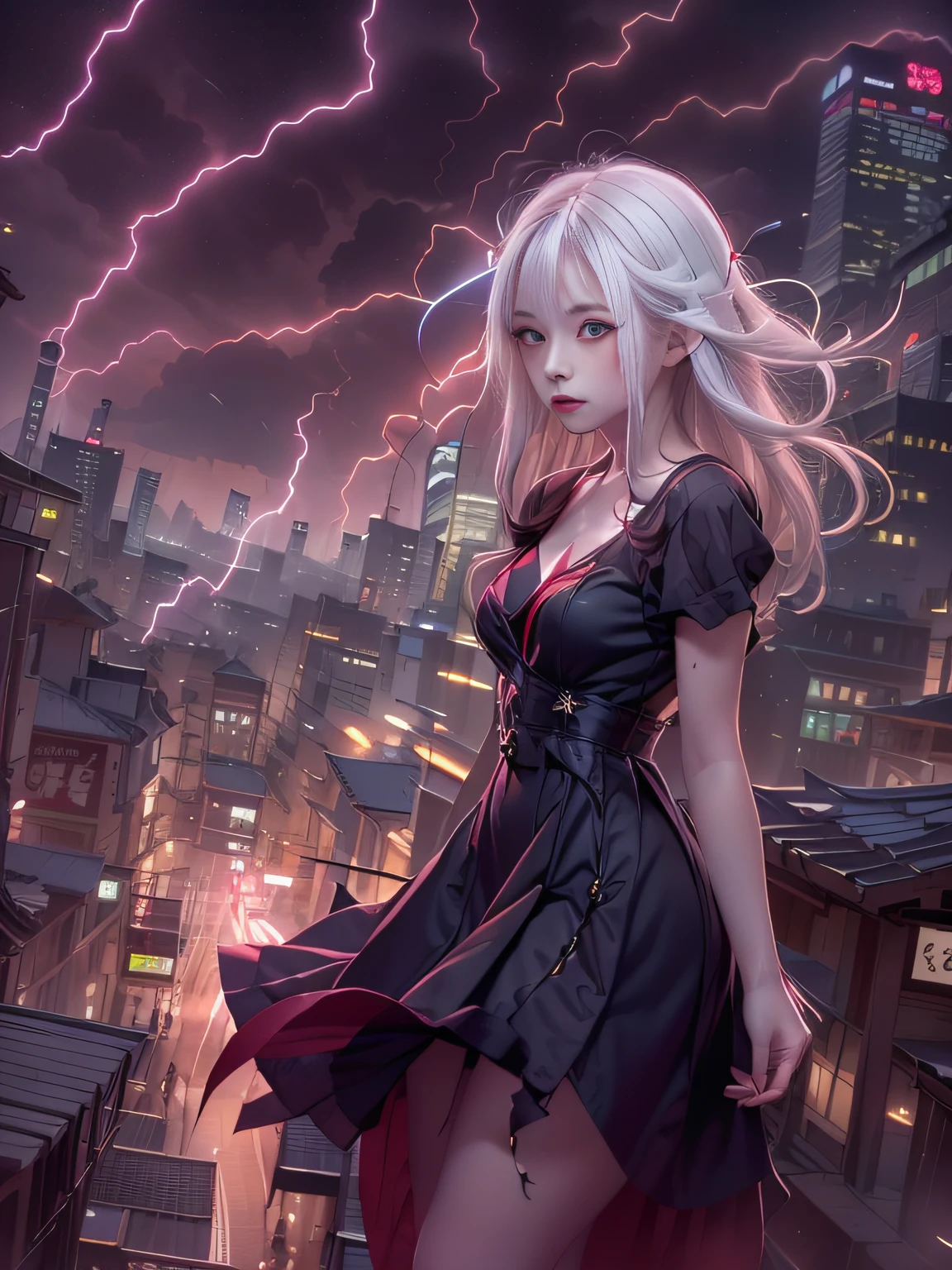 Black Gothroli Alafe Girl Flying Through a Storm,Gothroly albino girl floating in the city with one hand,Woman in black dress with red and black hair, goddess of lightning, Storm,She's attracting lightning, Gal Gadot as Lord of Hell, Gothic Maiden girl, girl in black dress, 1 7 girl,Old Goth girl, an elegant gothic princess, artwork in the style of guweiz, in the art style of bowater, dreamy gothic girl, 8k high quality detailed art, gothic art style, wearing a gothic dress,closing,Wearing underwear,Red Eyes,Looking down,white hair,Wind,Head tilt,White hair, Silver hair, Long hair, Blunt bangs, Straight hair, Big hair, expressive hair, (Red eyes that glow intensely:1.8), Downward eyes, (Red Eyes:1.5),small tits,Thin leg,Crazy, Disappointed,wide Shots,wide angles,sideshot,3 views,,(Close up portrait of a person in a black dress flies over the city:1.7),People fleeing the busy streets of a city lined with shops々々, busy street, Street crowded with people, photograph of the city street, japanese downtown, Traditional Cities of Japan, Busy streets,busy cityscape, bustling city, Crowded with people, Bustling streets in the moon, crowdedstreets, shutterstock, Bustling small town streets,bad weather、A purple lightning bolt comes out of the girl's hand and hits the city, Lightning clouds, Atmospheric lightning, Pink lightning, With thunderstorms, Dark storm with lightning, Dramatic purple lightning, Lightning in the sky, Contrast Lightning, thunderstorm in the sky, Lightning in the background, With lightning, Stormy weather with lightning, Upper volumetriclightning,Effect of wearing purple aura,(Control lightning with open arms:1.4),Destroy the city with a girl's lightning attack,Called nose,Lightning effect on both hands,Purple glowing balls around a girl,