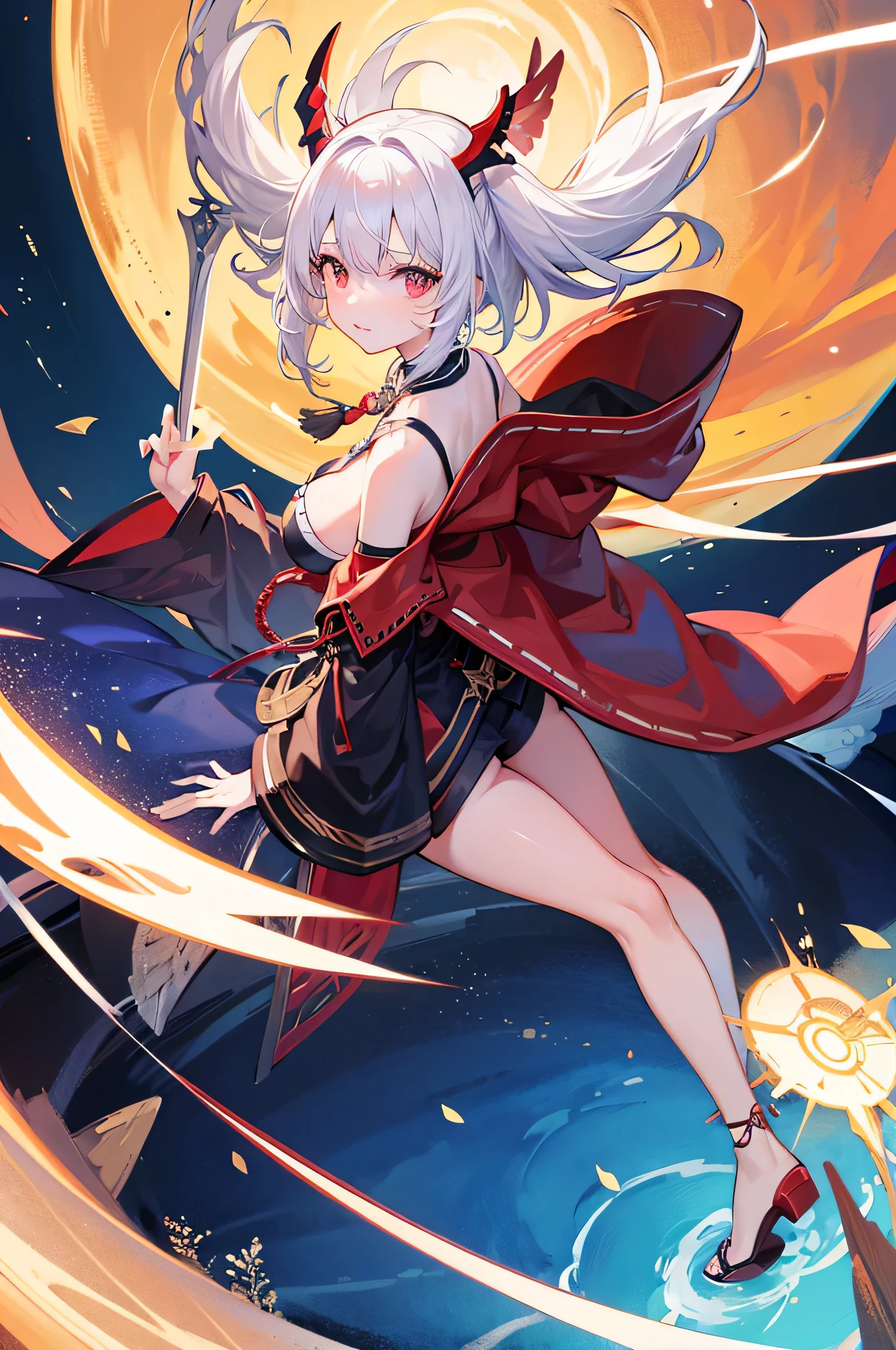 4K,hight resolution,One Woman,White hair,Shorthair,Red Eyes,Colossal tits,valkyrie,black holy armor,Winged headgear,jewel decorations,Gold decoration,spear,Temple in the Sky,Sunset sky