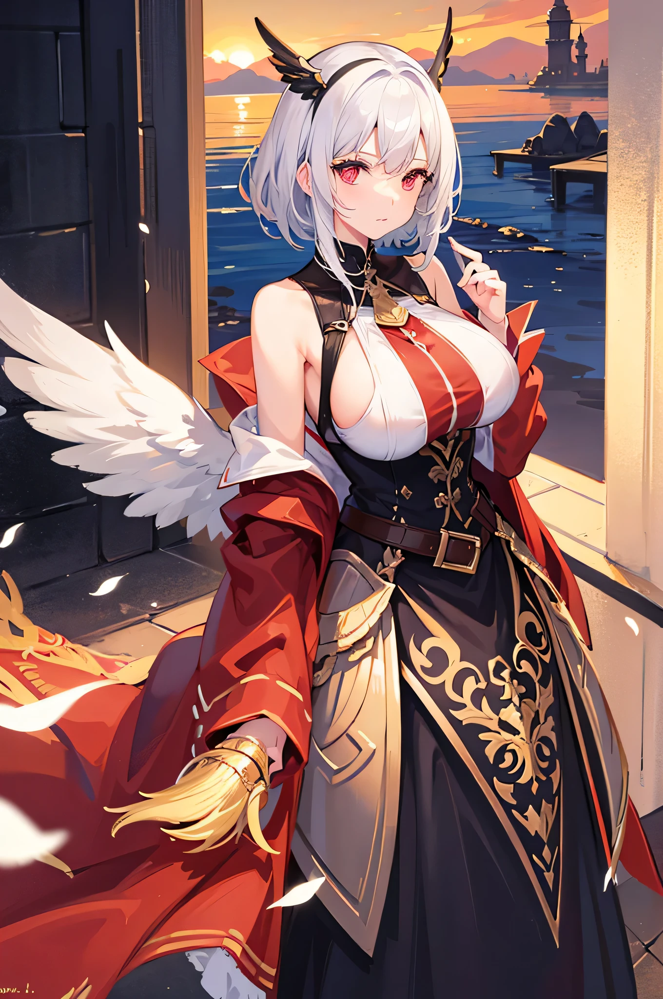 4K,hight resolution,One Woman,White hair,Shorthair,Red Eyes,Colossal tits,valkyrie,black holy armor,Winged headgear,jewel decorations,Gold decoration,spear,Temple in the Sky,Sunset sky