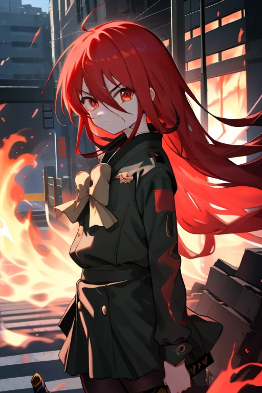 ​masterpiece、top-quality、the Extremely Detailed CG Unity 8K Wallpapers、
1girl in、Shana、red hairs、red eyes、Long-sleeved uniform、arms behind back、Slouched、Black Rider Suit，A Japanese sword wrapped in flames，Grasp the handle with both hands and take a stance，rubble，Streets，Explosive inflammation，serious faces