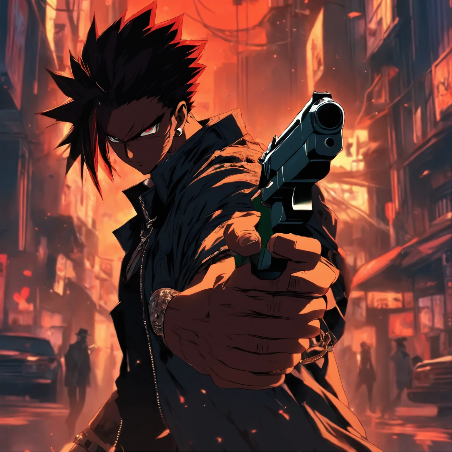 male gangster，holding a gun in her hand，brigand，Provocative，The background should be a solid color background，without background，k hd，8K