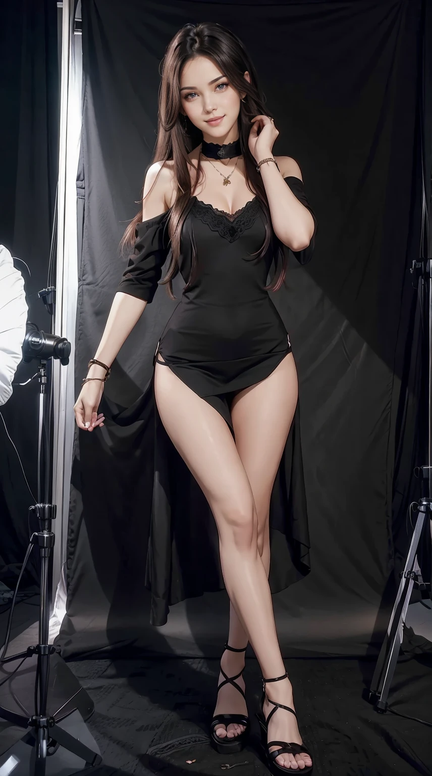 24-year-old woman、Hair color is black、Eye color is dark brown、Longhaire、Straight hair、Slender but well-proportioned muscular man、a smile、I'm wearing a necklace、accessories on wrist、wearing an off-the-shoulder knit dress、I'm wearing sandals、Being in a photography studio、a smile、wearing a lace choker