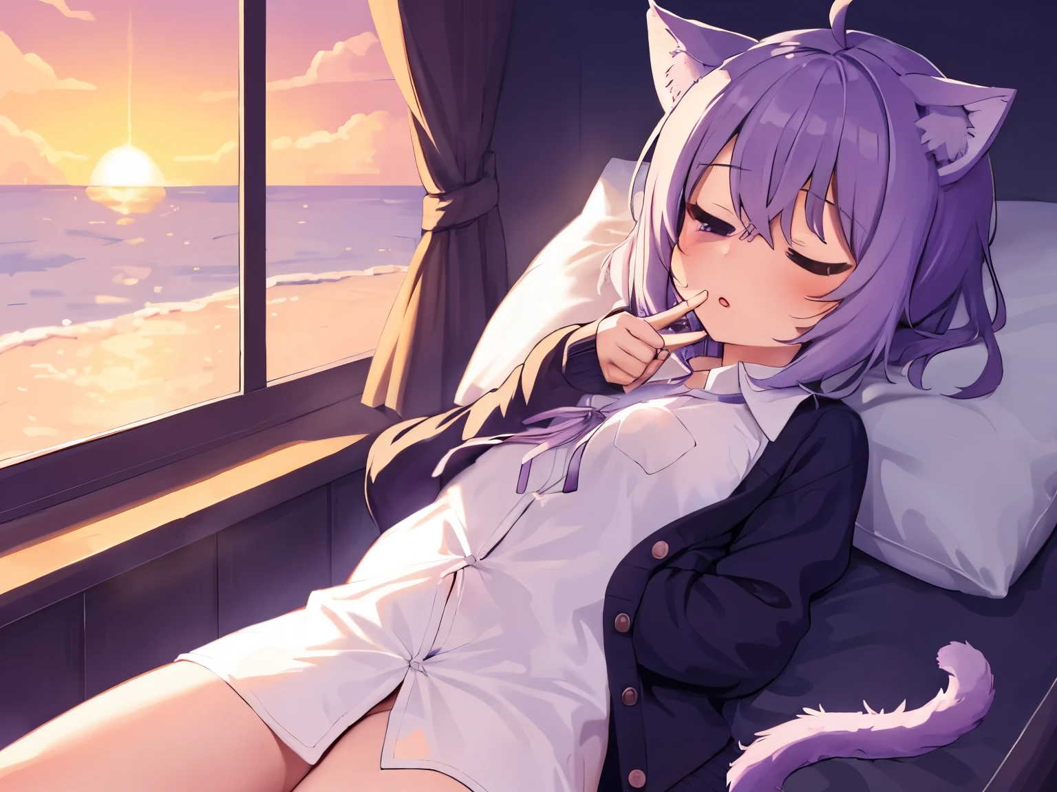 okayucasual, dress shirt, purple ribbon, naked shirt, open cardigan, cat tail, ahoge, sitting, sleep, 1girl, sunset,