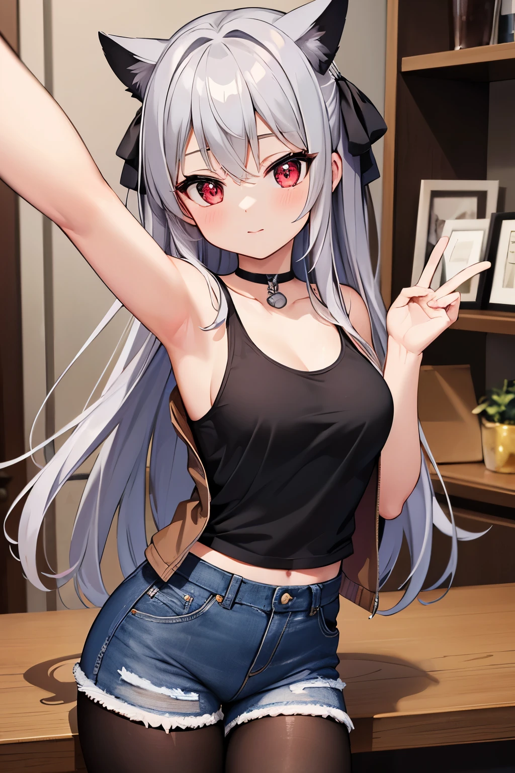 masterpiece, Highest quality, beautiful, high resolution, perfect anatomy, Beautiful gray hair、Beautiful red eyes、Longhaire、Tank tops、denim shortpants、a choker、 black pantyhose, brown jacket, selfie style、selfee、piece、piece sign、 8K、a beauty girl、 Nice、 Beautiful hair、 Beautiful eyes、 Beautiful skin、Beautiful legs、Beautiful arms、Perfect fingers、 Very cute、 Very kawaii、