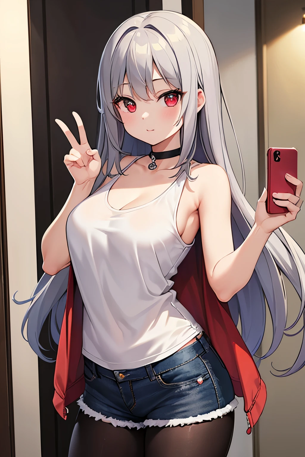 masterpiece, Highest quality, beautiful, high resolution, perfect anatomy, Beautiful gray hair、Beautiful red eyes、Longhaire、Tank tops、denim shortpants、a choker、 black pantyhose, brown jacket, selfie style、selfee、piece、piece sign、 8K、a beauty girl、 Nice、 Beautiful hair、 Beautiful eyes、 Beautiful skin、Beautiful legs、Beautiful arms、Perfect fingers、 Very cute、 Very kawaii、