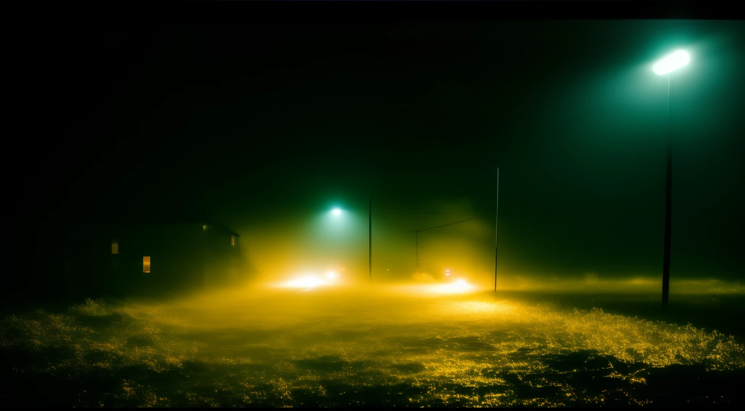 mist, Very dark, yellow, night time, blurry, Train Window, outside the window is another house in which one window glows yellow, depression, death, the night, dark ambient,