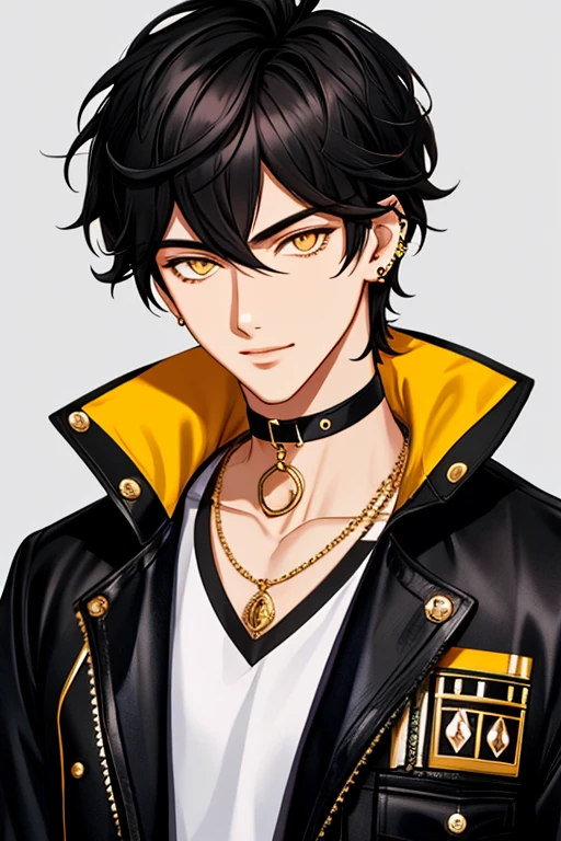 tmasterpiece, The content is very detailed,Ridiculous resources, finely detailled, HighDynamicRange,
Handsome FH_One guy, Alone, looking at viewert, ssmile, The shirt, black hair color hair, 1 boy, hair between eye, jewely, jaket, yellow eyes, upper body, malefocus, ear nipple ring, choker necklace, Ear piercing, ,MaleFH_the face, Suitable for frequency hopping_body