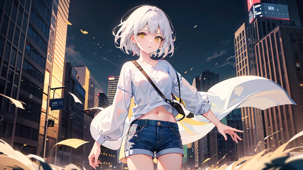 animesque、hight resolution、absurderes、one girls、white hair、(lob cut hair:1.2)、(yellow eyes:1.2)、(Wearing a plain white shirt:1.3)、(Blue Denim Shorts:1.3)、Dynamic Pose、(The upper part of the body)、cowboy shot、People-centered shots、A big building came into view、The building is collapsing、burning、Collapsed building、(time zone night:1.4)、