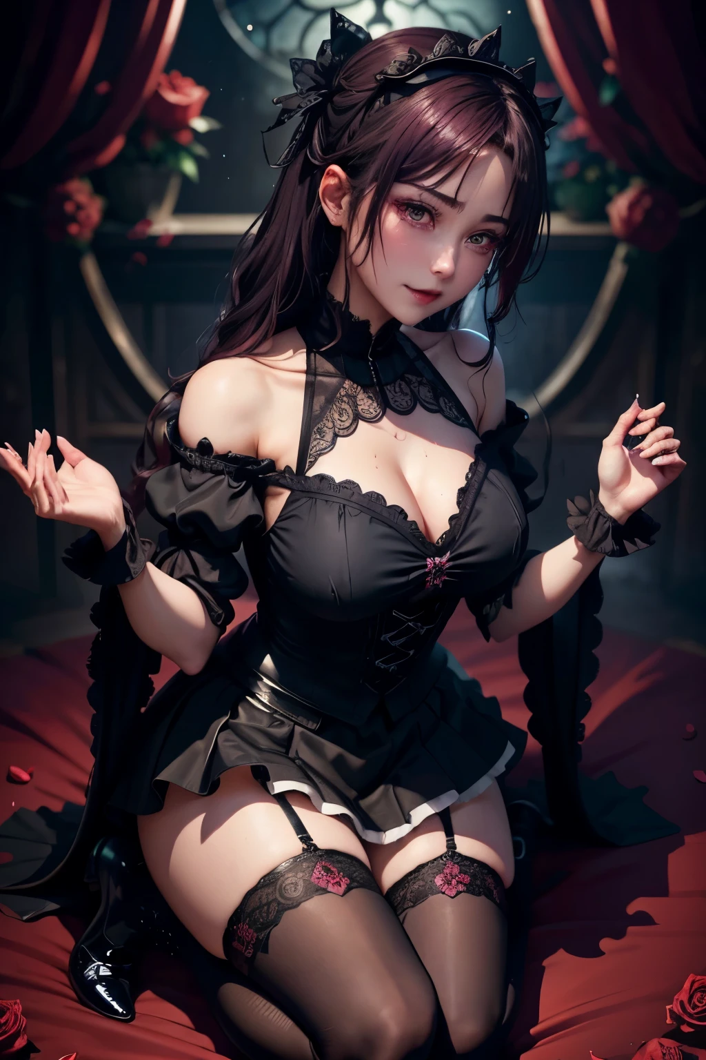 ハードDark Gothic makeup、Maniacal、Deep night sky、horor、Black Dark Eyeshadow、crying how bright、mourn、Good skin luster、Dark Gothic makeup、Dark smile、Restless Palace、Expressions of sexual arousal、Fragrant beauty、22year old、Lying、seductiv、Strong sexual pleasure facial expressions、A look of shame、Dark Gothic、Gothic ta、bell sleeves、Wizard Sleeve、Obscene look、stain glass background、masutepiece、Best Quality、Refers to 5 books、Sweat glitters on my chest、Expression of sexual pleasure in anguish、Drunken face、maid clothes、Mysterious、noble、Face holding back the toilet、the body is wet and shiny、Transcendent appeal、Lots of glitter on the thighs、I'm sweating a lot、Affectionate smile、twin-tail hair、my thighs are so wet、jet black ruffle skirt、blue eye on the right, Red eye on the left、Gothic bed covered with roses、Transcendent Bewitching Pose、stick out buttocks、knee high socks、thigh-high socks、A lot of sweat and stickiness on the thighs、Lots of sticky shiny thighs、Sweat shining generously on the thighs、The whole body is shiny with sweat、platform heel shoes、Quite sweaty、My thighs are sweaty、heavy make up、Breast size is modest、black lipstick、stain glaslack metal world、sloppily open your legeauty the world、sit on a bed of roses、Gothic lolilothes、put your hair up、A little slender、super dark pink hair、Long hair straight hair、cute gothic lolita d、beautiful countenance、Elegant face、Bewitching look、