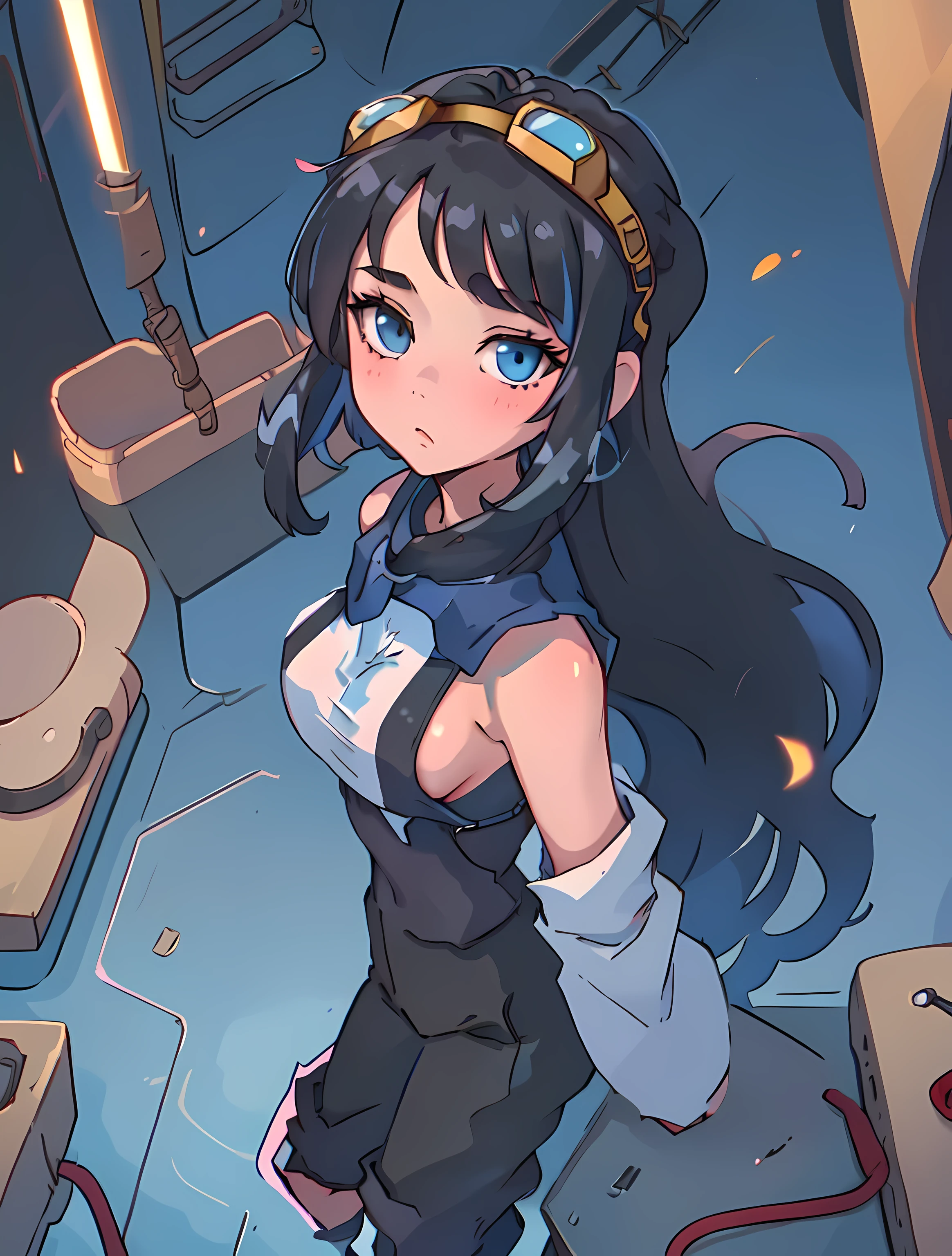 The focus is on a girl with medium-length black hair.
Center image set at the factory, emphasize her work. Factory environment diagram, Featuring mechanical and metal structures, Emphasis on industrial environment.
Describe a girl's blue eyes, Goggles are worn on the forehead.
Highlighting her focused and skilled welding movements, Show her professional demeanor. Depicts girl wearing short tank top and overalls, Expose lateral breasts.
Emphasize that she is wearing black boots. Demonstrating her professional gear in a factory setting.
