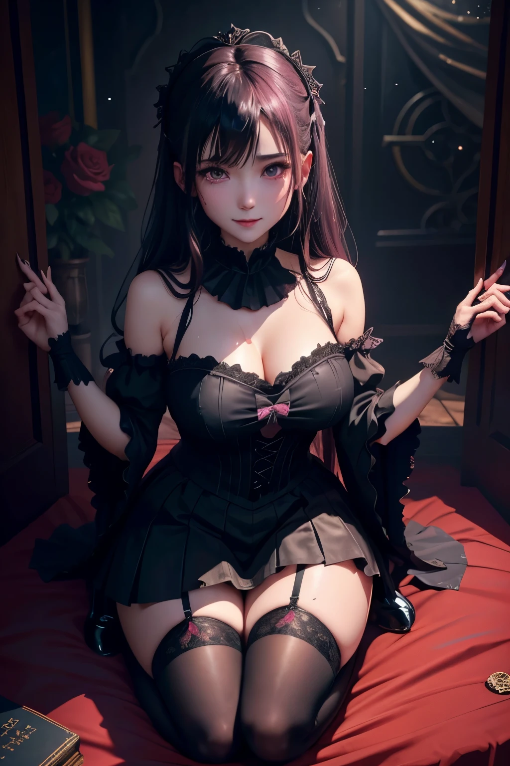 ハードDark Gothic makeup、Maniacal、Deep night sky、horor、Black Dark Eyeshadow、crying how bright、mourn、Good skin luster、Dark Gothic makeup、Dark smile、Restless Palace、Expressions of sexual arousal、Fragrant beauty、22year old、Lying、seductiv、Strong sexual pleasure facial expressions、A look of shame、Dark Gothic、Gothic lolita、bell sleeves、Wizard Sleeve、Obscene look、stain glass background、masutepiece、Best Quality、Refers to 5 books、Sweat glitters on my chest、Expression of sexual pleasure in anguish、Drunken face、maid clothes、Mysterious、noble、Face holding back the toilet、the body is wet and shiny、Transcendent appeal、Lots of glitter on the thighs、I'm sweating a lot、Affectionate smile、twin-tail hair、my thighs are so wet、jet black ruffle skirt、blue eye on the right, Red eye on the left、Gothic bed covered with roses、Transcendent Bewitching Pose、stick out buttocks、knee high socks、thigh-high socks、A lot of sweat and stickiness on the thighs、Lots of sticky shiny thighs、Sweat shining generously on the thighs、The whole body is shiny with sweat、platform heel shoes、Quite sweaty、My thighs are sweaty、heavy make up、Breast size is modest、black lipstick、stain glaslack metal world、sloppily open your legeauty the world、sit on a bed of roses、Gothic lolita clothes、put your hair up、A little slender、super dark pink hair、Long hair straight hair、cute gothic lolita dress、beautiful countenance、Elegant face、Bewitching look、