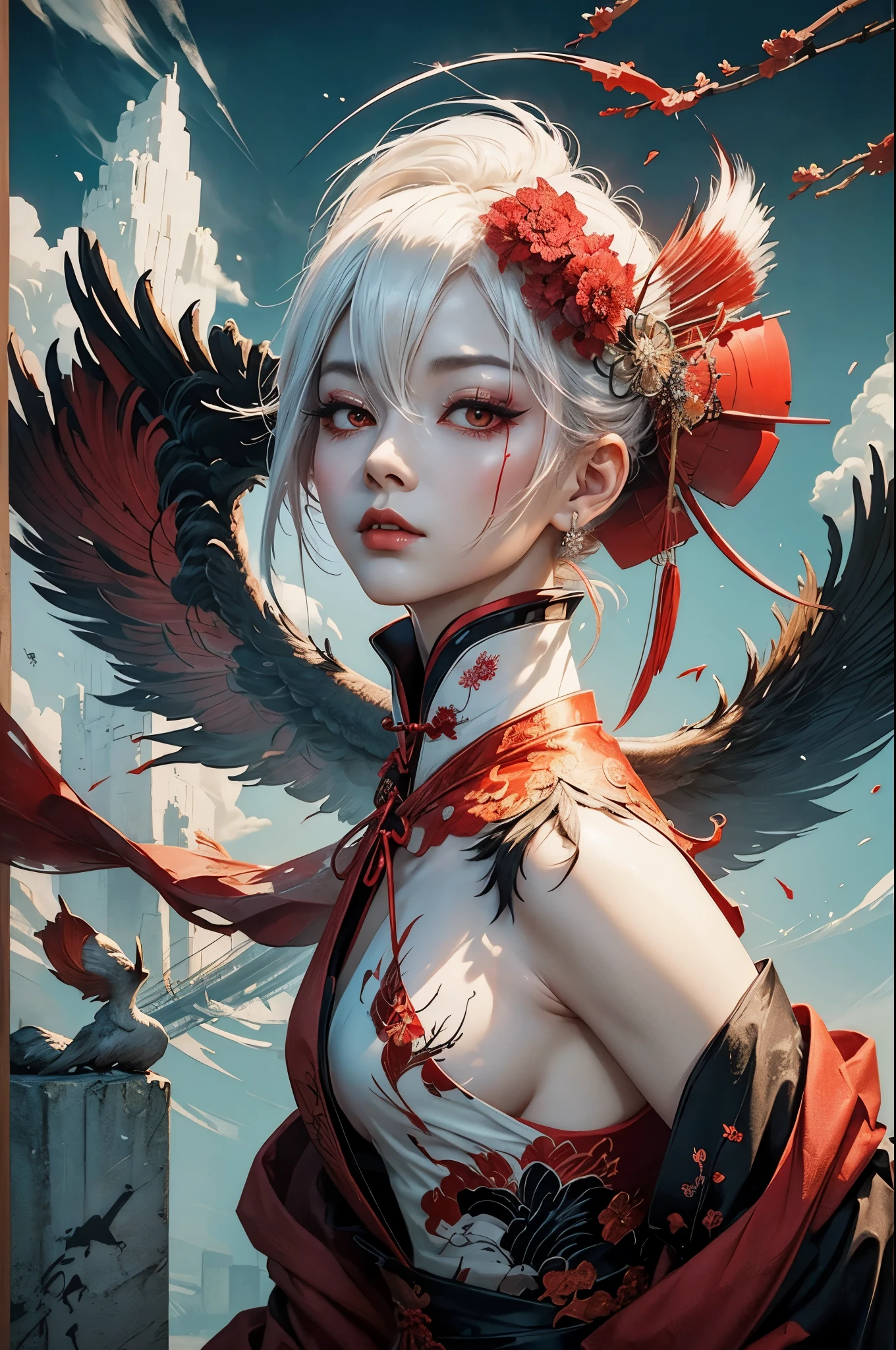 Ink painting, ink painting, splash-ink, ink splash, calligraphy, Chinese characters, Chinese character background (Red crowned crane:1.2)1girlWhite hair, Hanfu,upper body A shot with tension(sky glows red,Visual impact,giving the poster a dynamic and visually striking appearance:1.2),Chinese Zen style,impactful picture,