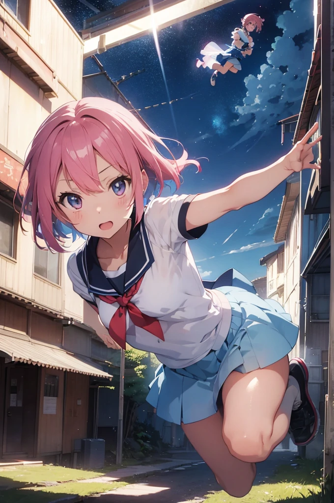 dynamic vector image depicting an high school girl character with full body action pose, short pink hair, white shirt, blue skirt, red lace, reflecting the vibrancy and individuality of today’s teenage culture. high quality, 8K Ultra HD, night city in background, The beautiful girl Who Leapt Through a dangerous city, Feels like Mamoru Hosoda, Time leap when the beautiful girl runs and jumps Detailed illustration, A digital illustration of anime style, digital anime paintings of her, soft anime tones, Feels like Japanese anime, fantasy art, Three-dimensional expression, luminism, Albert Anker, Feeling like Kyoto Animation, Greg Rutkowski, Artgerm, WLOP, Alphonse Beeple, pixiv, luminism, 3d render, octane render, Isometric, by yukisakura, awesome full color