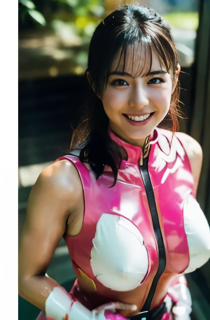 pink power range lemele、Realistic, shiny pink and white suit、Power Rangers Bodysuit、professional photo japanese model,fleshy body, A smile、Colossal tits、A dark-haired、Sweaty face、In the sauna、Emphasis on nipples、Sleeveless、Show both sides