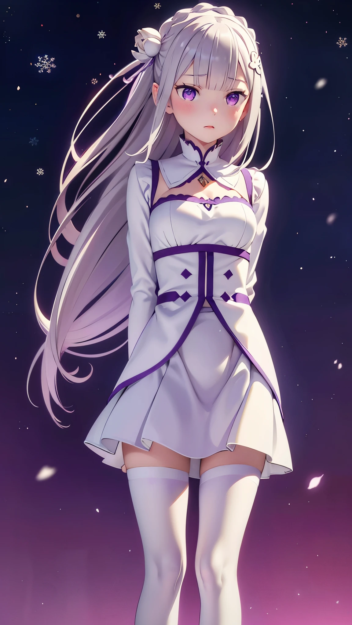 re:zero, emilia, gray hair, hair flower, masterpiece, amazing, 8k, detailed, 1girl, (blured background), ((wallpaper)), standing, white tights, dark background, snowflakes, purple eyes, (hair fluttering in the wind)