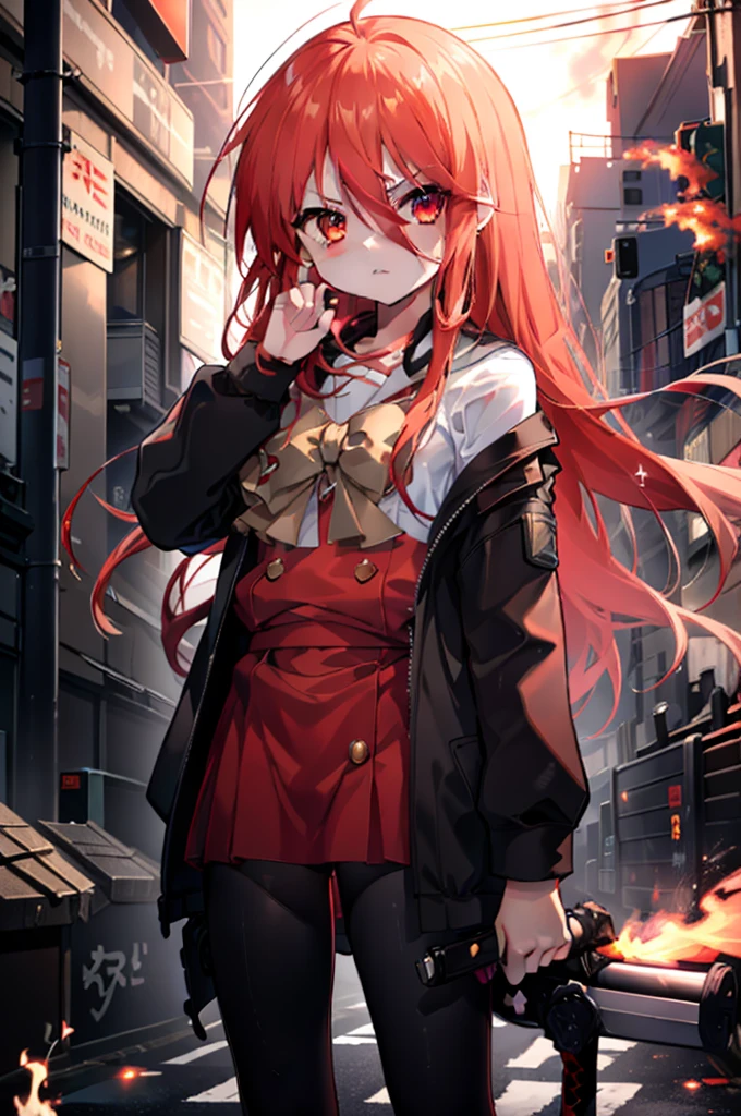 ​masterpiece、top-quality、the Extremely Detailed CG Unity 8K Wallpapers、
1girl in、Shana、red hairs、red eyes、Long-sleeved uniform、arms behind back、Slouched、Black Rider Suit，A Japanese sword wrapped in flames，Grasp the handle with both hands and take a stance，rubble，Streets，Explosive inflammation，serious faces