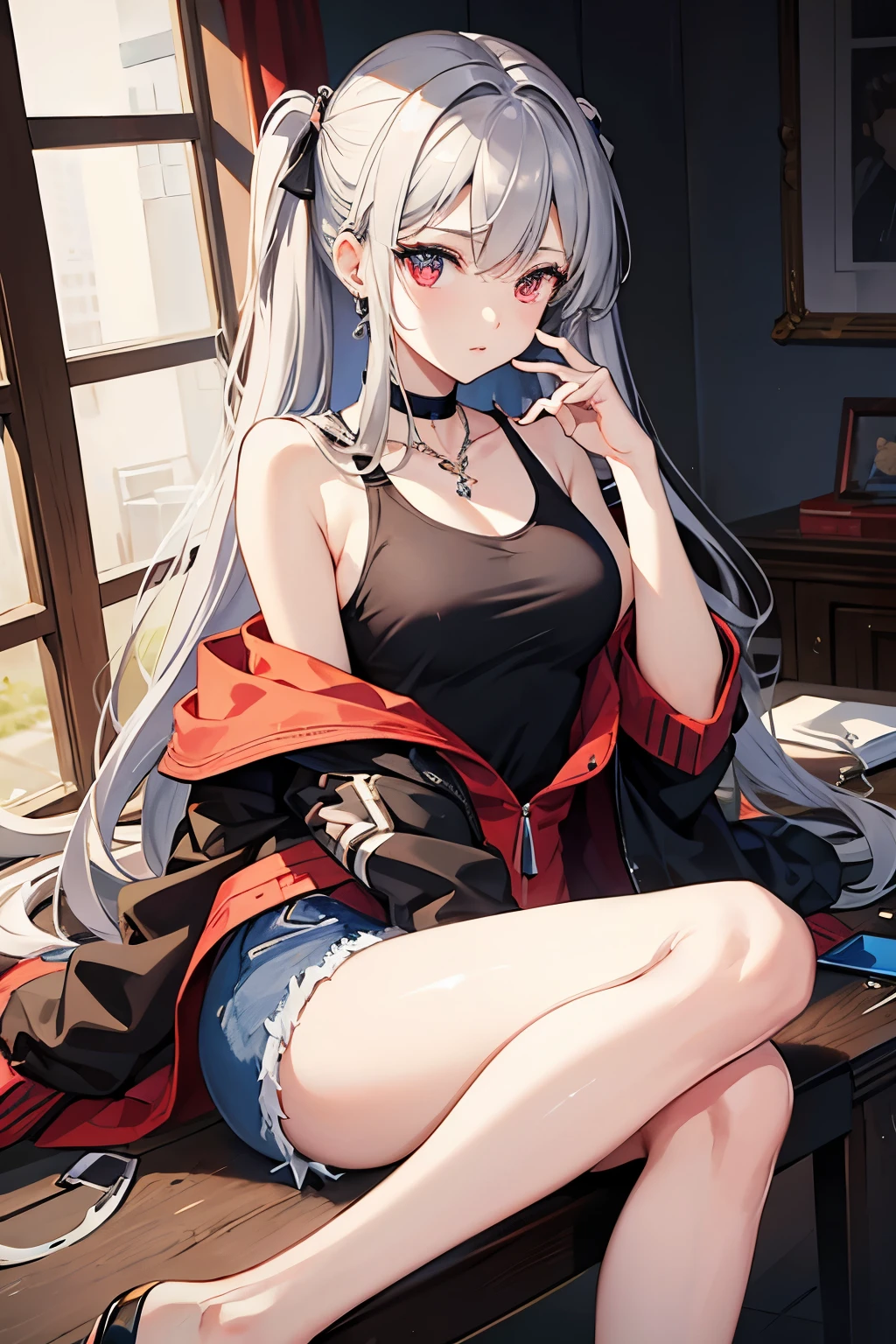 masterpiece, Highest quality, beautiful, high resolution, perfect anatomy, Beautiful gray hair、Beautiful red eyes、Longhaire、Tank tops、denim shortpants、a choker、 black pantyhose, brown jacket, selfie style、selfee、piece、piece sign、 8K、a beauty girl、 Nice、 Beautiful hair、 Beautiful eyes、 Beautiful skin、Beautiful legs、Beautiful arms、Perfect fingers、 Very cute、 Very kawaii、