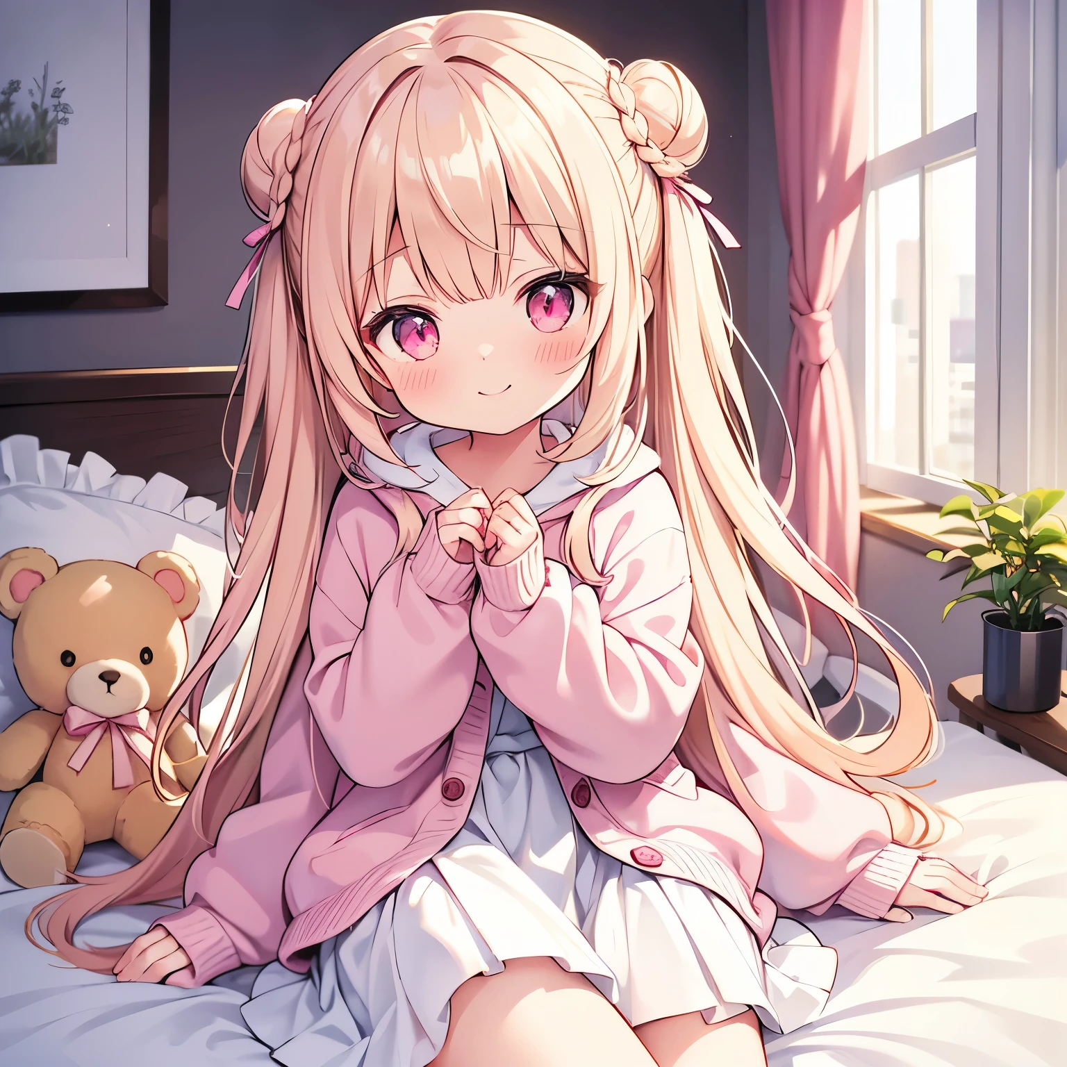 Half-up single bun absurdly long hair,a ,teddy bears,lovely,girl's own room,modern,cream colored Hair、Glowing pink eyes,white frilly skirt,Black hoodie,Moe Sleeve,wearing a cream-colored cardigan,Zito-order,Looking at me and smiling kindly,high-level image quality,Sitting in bed,hiquality,Moe Sleeve