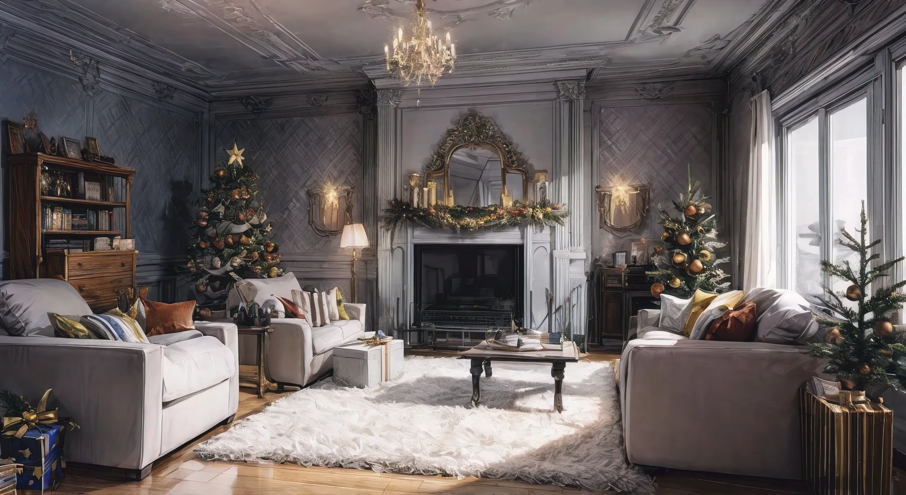 (Masterpiece in maximum 16K resolution), the best quality, (very detailed CG unity 16k wallpaper quality),Super Detailed. | Stunning reflections, the best reflections ever, (glow), (particle effects), Isometric 3D, Octane Rendering, Ray Traced,(best illustration). | Loft Style Living Room, Christmas Decorative style gorgeous, Christmas Tree, Christmas Gifts, Minimalist Decorative style, Christmas Mistletoes, Giant UHD TV, IKEA furnitures,Award winning design.
