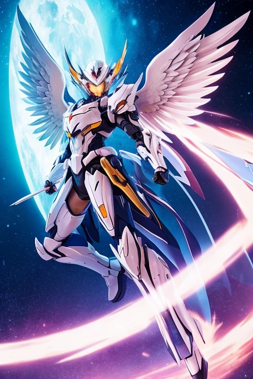 机器人　mechs　white colors　細身の机器人　wing　mechsニカルなフルフェイスヘルメット　Equipped with a glowing bow　Character erasure　Background Removal