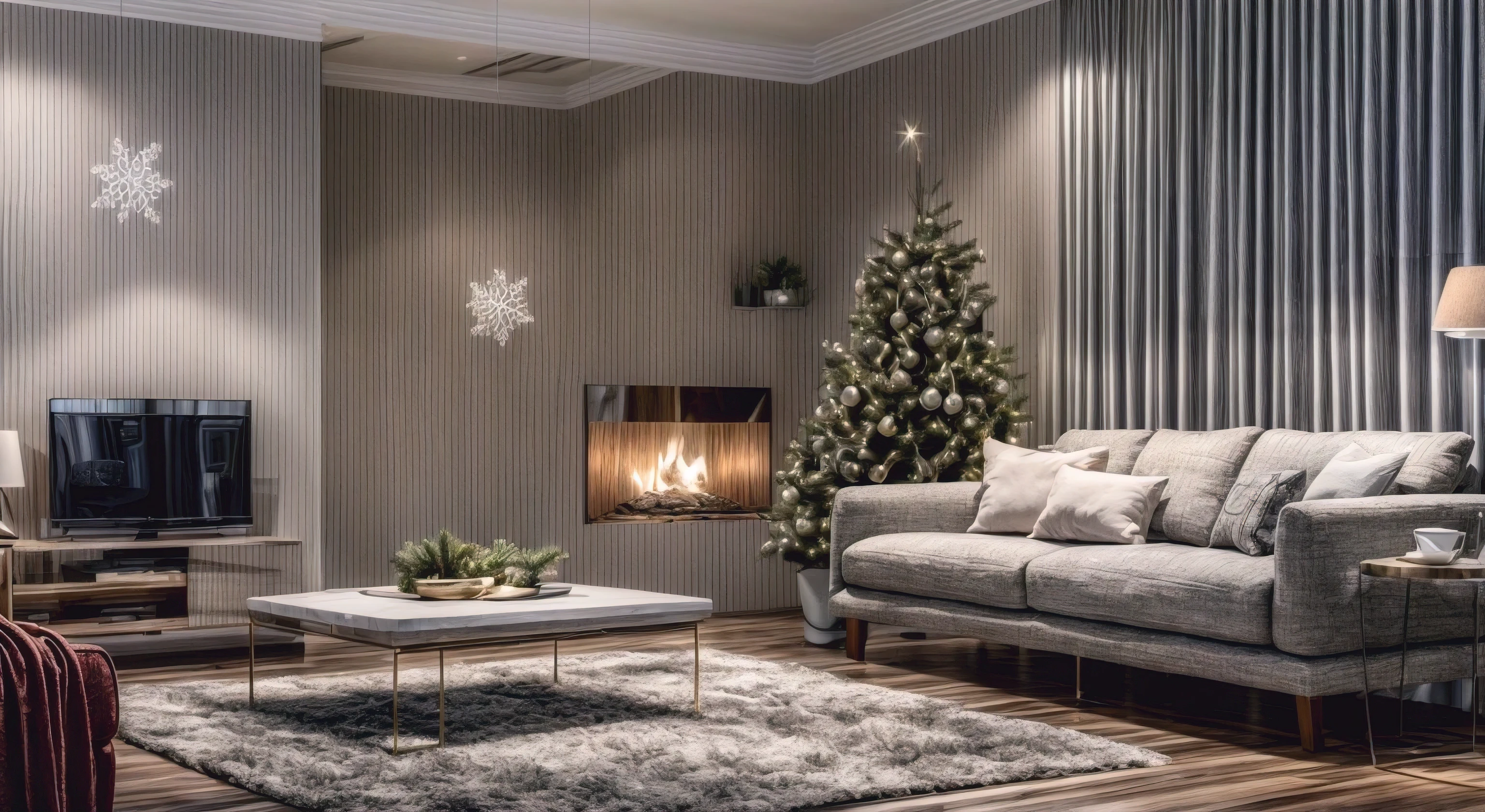 (Masterpiece in maximum 16K resolution), the best quality, (very detailed CG unity 16k wallpaper quality),Super Detailed. | Stunning reflections, the best reflections ever, (glow), (particle effects), Isometric 3D, Octane Rendering, Ray Traced,(best illustration). | Loft Style Living Room, Christmas Decorative style gorgeous, Christmas Tree, Christmas Gifts, Minimalist Decorative style, Christmas Mistletoes, Giant UHD TV, IKEA furnitures,Award winning design.