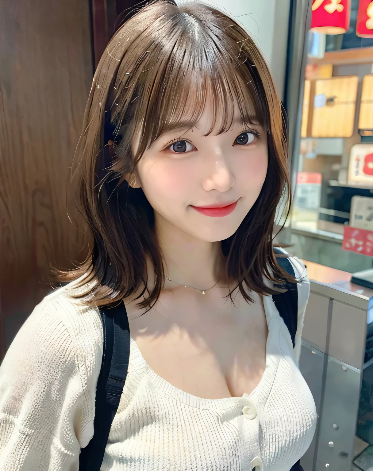 Japan woman at 28 years old、cute smile face、gazing at viewer、Looking at the camera、((realphoto:1.5)),Photorealistic、Live action、Photo from the knee up、Keep your back straight、up chest、Upright through rack bra top and white cardigan、bangssで整頓された髪、short brown hair and large eyeangssのあるshorth hair、bangss、茶色の髪とbangss、shorth hair、short brown hair with cute bangsss、bangssのある茶色の髪、茶色のbangss、