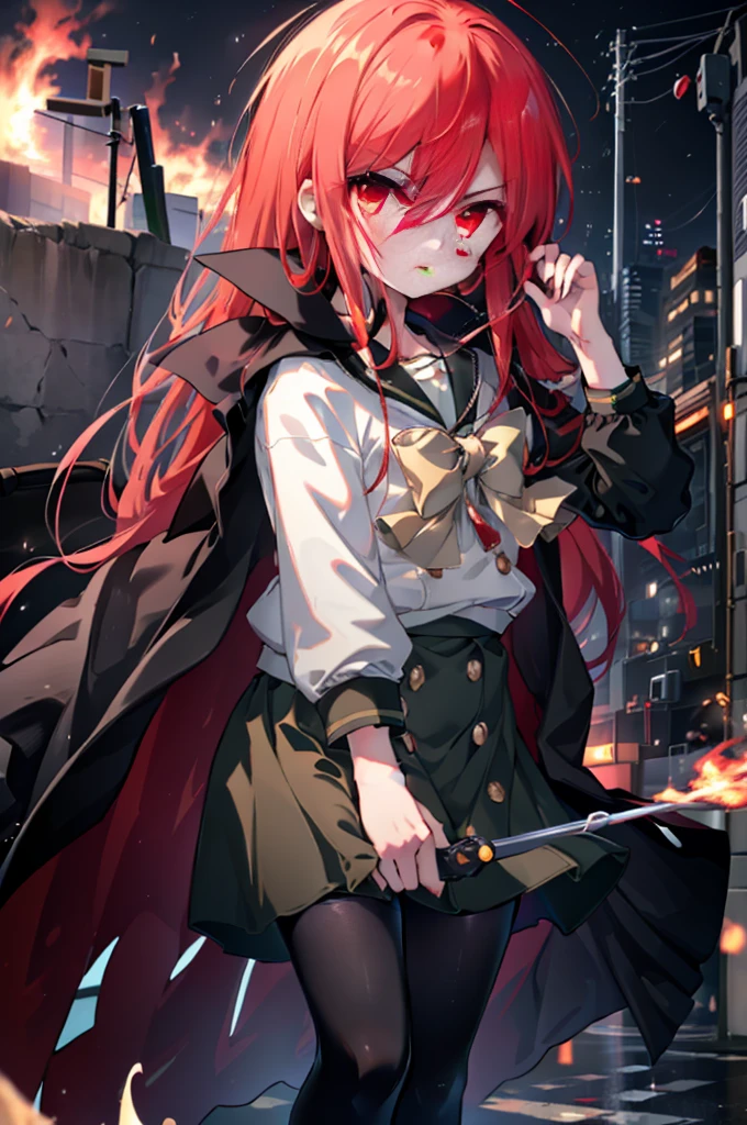 ​masterpiece、top-quality、the Extremely Detailed CG Unity 8K Wallpapers、
1girl in、Shana、red hairs、red eyes、Long-sleeved uniform、arms behind back、Slouched、Black rider suit，Japanese sword wrapped in flames，grip the handle with both hands、Take posture，rubble，street burst inflammation，serious faces