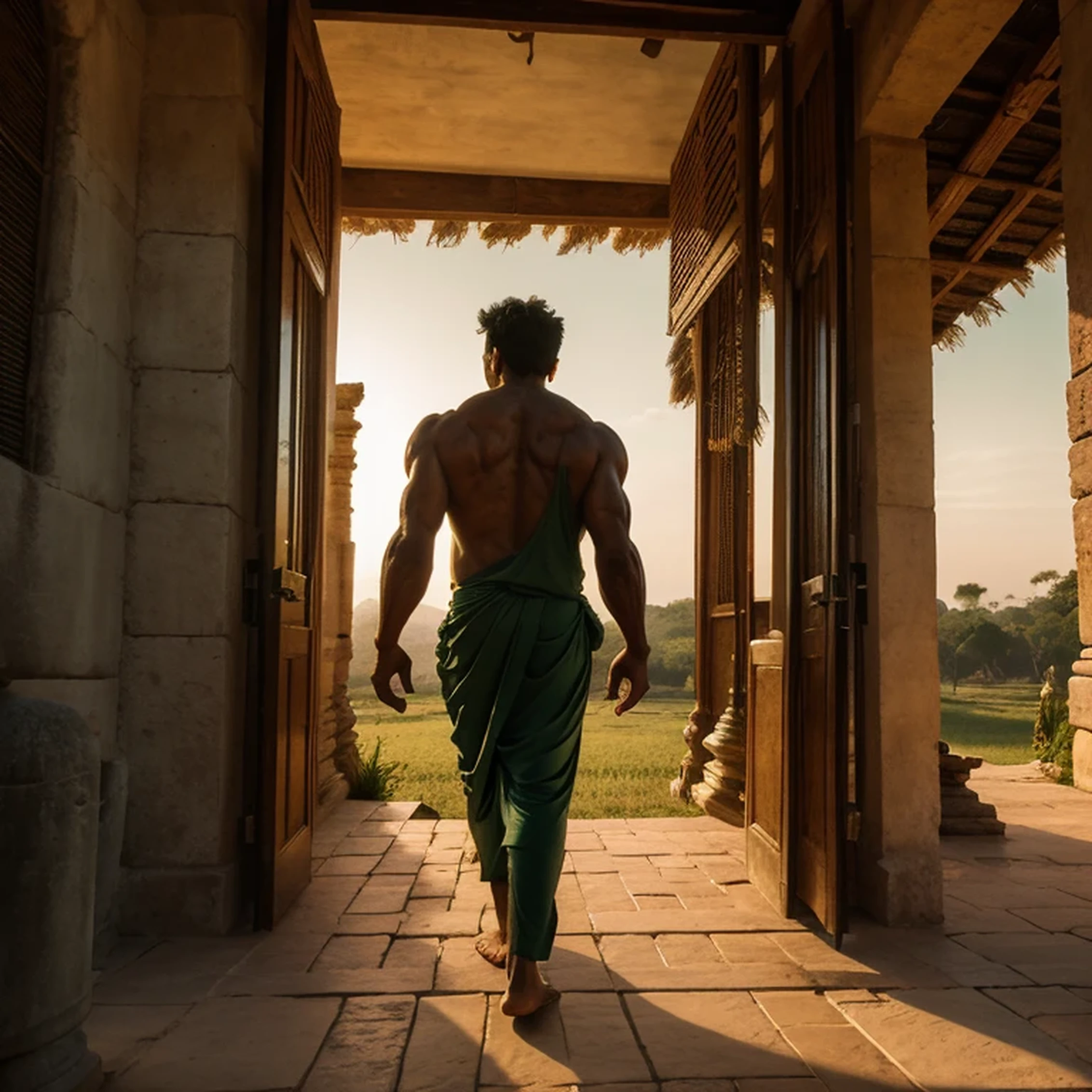 Green Hulk walking in the ancient Bagan city, hyper realistic, sunset, detailed, temples in Bagan, cinematic,