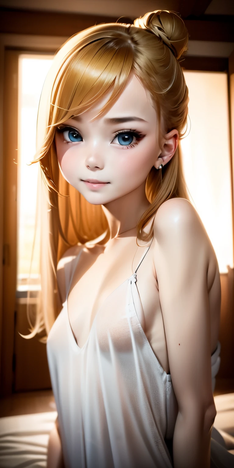 Cute Girl, (ash blond hair), ((very bun hair)), Perfect face, Innocent smile, Upper body,(Cerulean Eyes), (Yan), (Petite), (slender), ((flat chest)), ((16 only)), Skindentation, Extreme Detail, charming oval face, Red lips, red sleeveless dress, Glossy skin, detailed hairs, Face Focus, Close-up chest, Luxurious hair ornaments, Gold Earrings, ((1 girl)), Embarrassed expression,