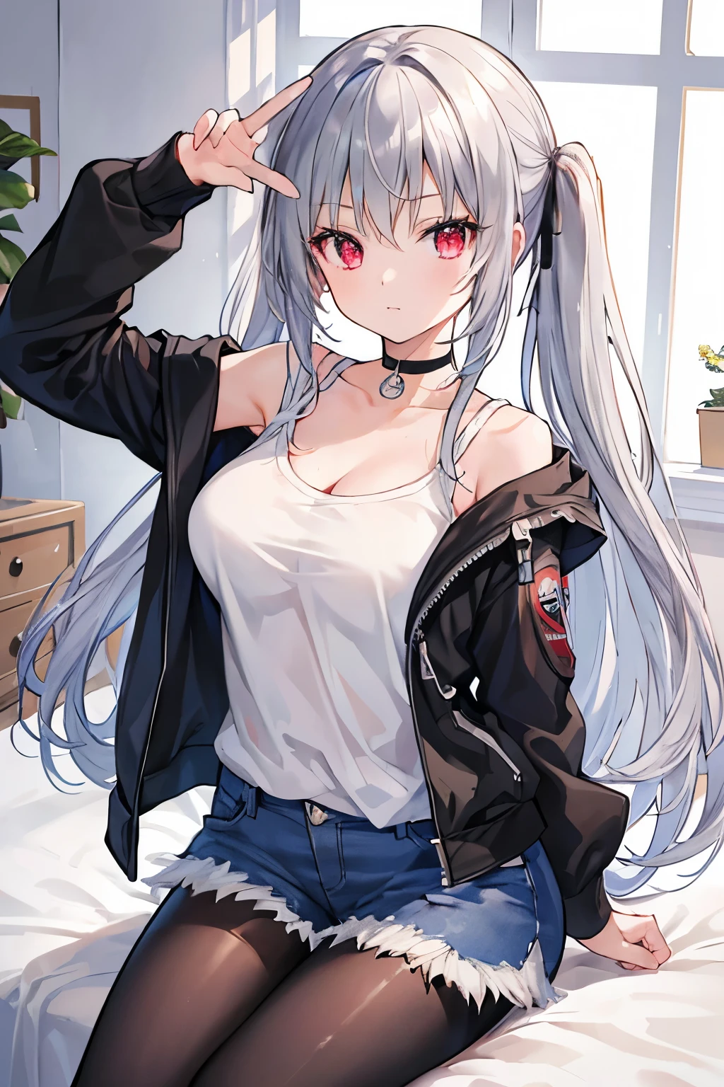masterpiece, Highest quality, beautiful, high resolution, perfect anatomy, Beautiful gray hair、Beautiful red eyes、Longhaire、Tank tops、denim shortpants、a choker、 black pantyhose, jacket, selfie style、selfee、piece、piece sign、 8K、a beauty girl、 Nice、 Beautiful hair、 Beautiful eyes、 Beautiful skin、Beautiful legs、Beautiful arms、Perfect fingers、 Very cute、 Very kawaii、
