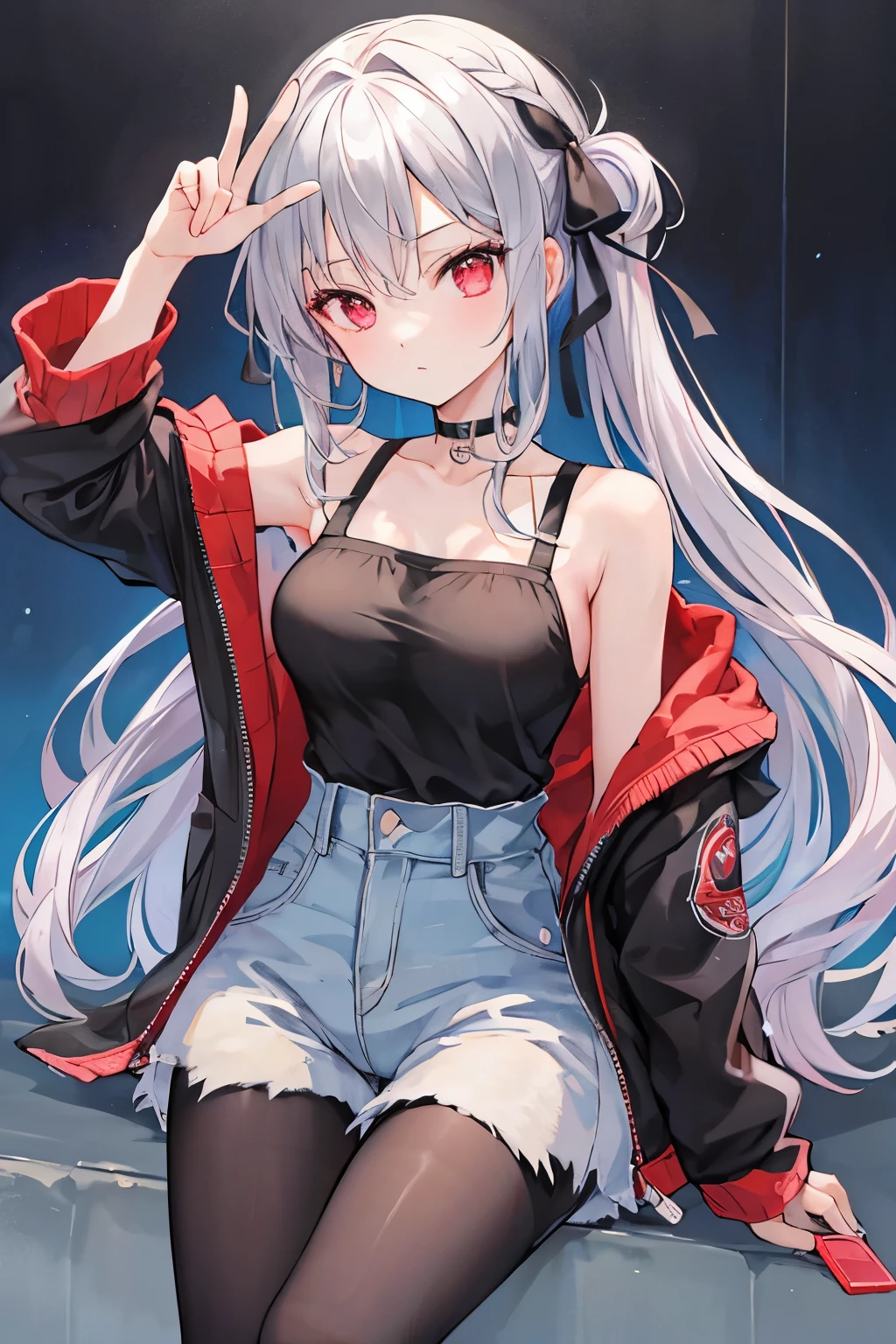 masterpiece, Highest quality, beautiful, high resolution, perfect anatomy, Beautiful gray hair、Beautiful red eyes、Longhaire、Tank tops、denim shortpants、a choker、 black pantyhose, jacket, selfie style、selfee、piece、piece sign、 8K、a beauty girl、 Nice、 Beautiful hair、 Beautiful eyes、 Beautiful skin、Beautiful legs、Beautiful arms、Perfect fingers、 Very cute、 Very kawaii、