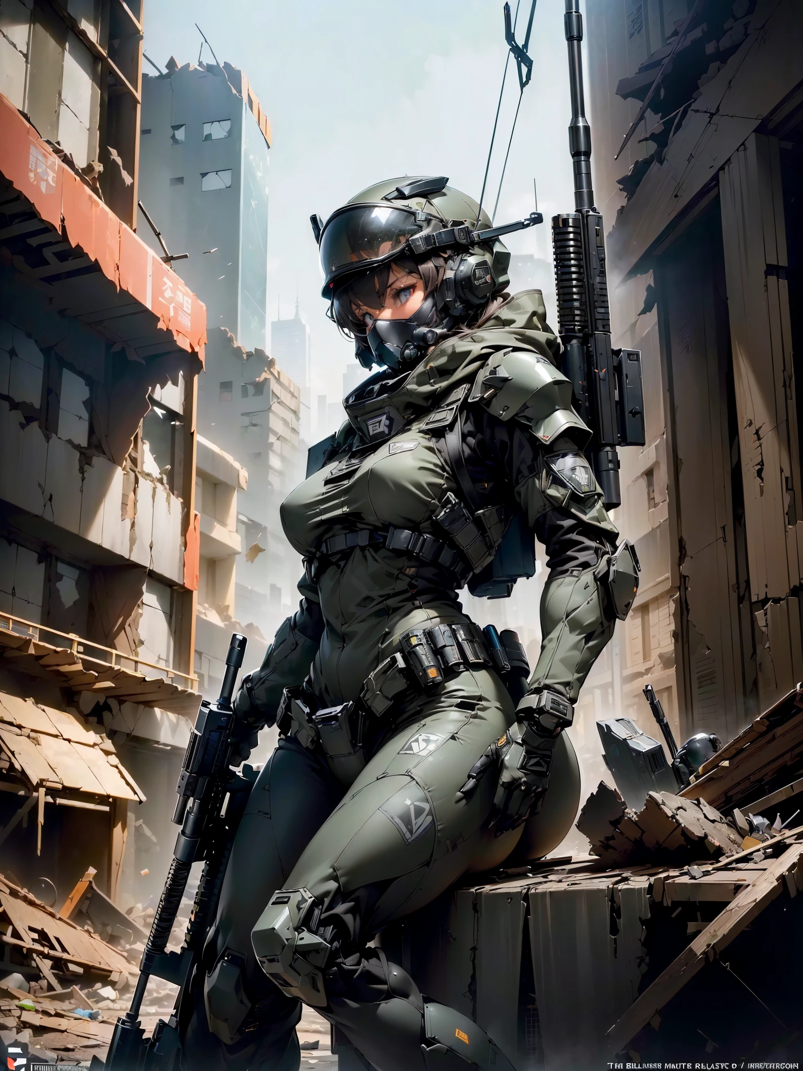 (masterpiece,extremely detailed, a heavy mech, hard surface),(concept art:1.3),(Armored Core Style:1.0),(Woman wearing robot armor of SWAT team),(((aiming at something with a rifle:1.4))),(((Looking into the sight of a rifle:1.4))),(((Black body:1.5))),(The armor has the SWAT logo on it.:1.4),(tactical open face helmet:1.3),(A detailed eye:1.3),(A detailed face:1.3),(Detailed weapons:1.3),(Detailed body:1.3),(full bodyesbian:1.5),(The background is a collapsed city:1.5),逼真