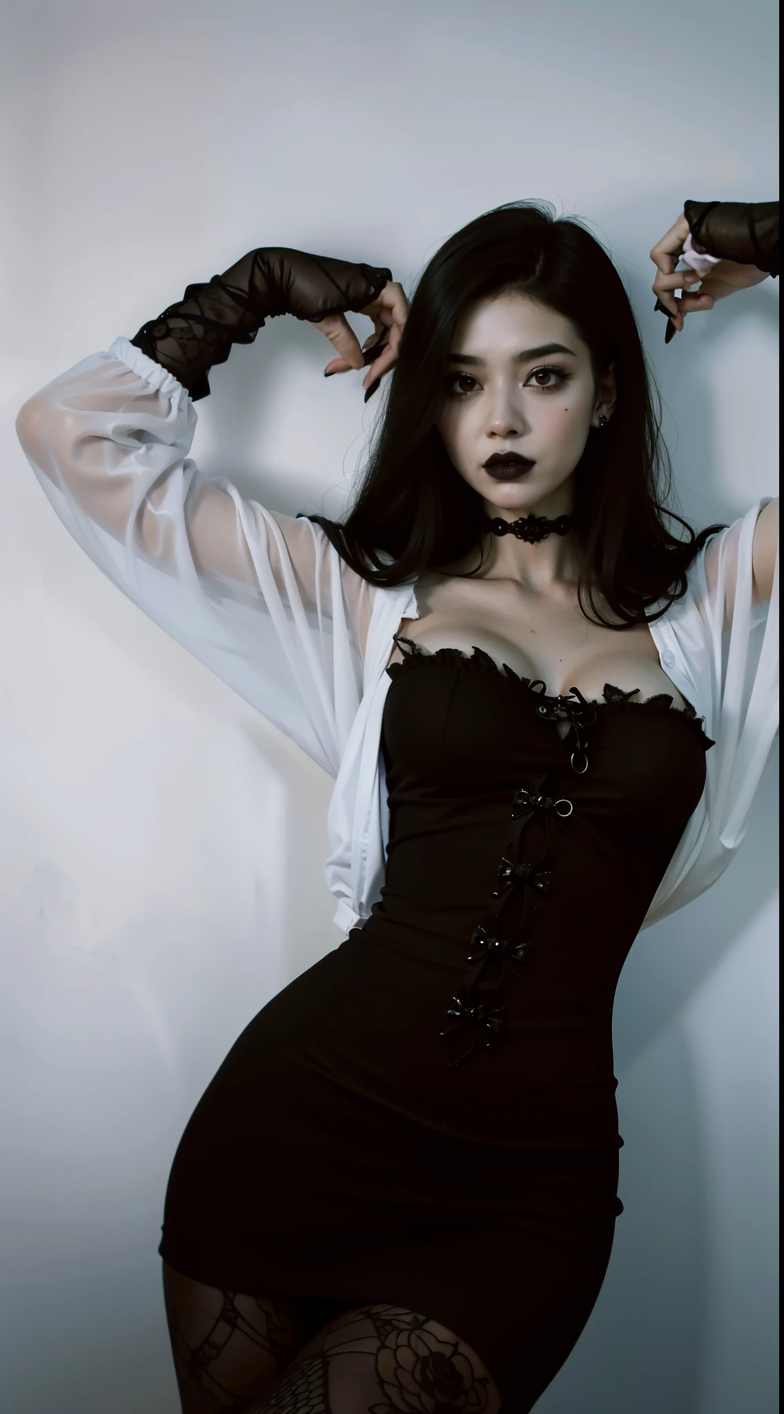 Mujer arafed con un vestido ????? y camisa blanca posando para una foto., goth girl aesthetic, gothic aesthetic, cruel korean goth girl, darkwave gothic aesthetic, gothic aesthetic, gothic horror vibes, pale goth beauty, Imagen filtrada, Xision Wu, Retrato Sophie Mudd, Lily Frank,  Gloomy style, full bodied, 1 7 - year - old goth girl