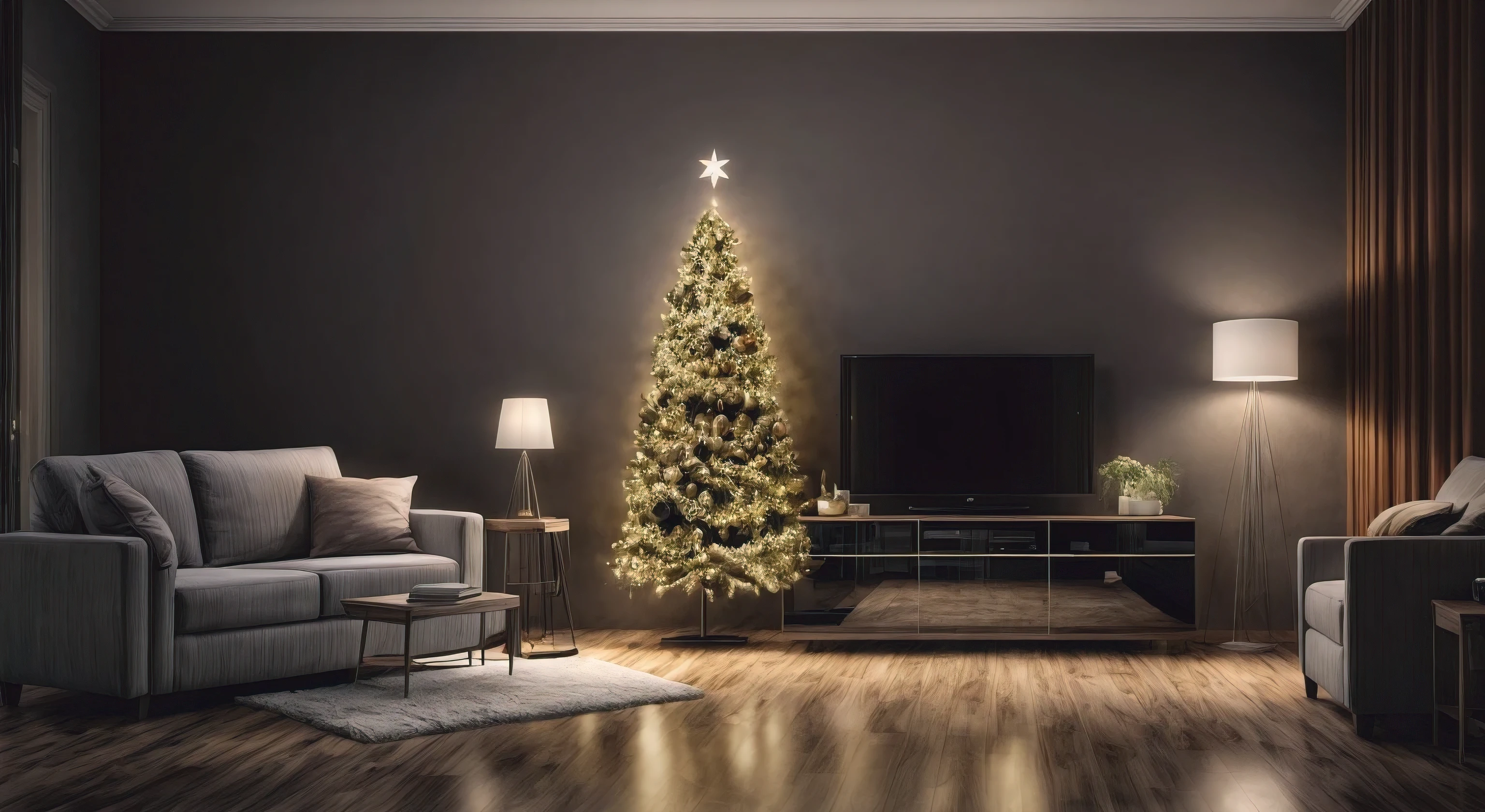 (Masterpiece in maximum 16K resolution), the best quality, (very detailed CG unity 16k wallpaper quality),Super Detailed. | Stunning reflections, the best reflections ever, (glow), (particle effects), Isometric 3D, Octane Rendering, Ray Traced,(best illustration). | Loft Style Living Room, Christmas Decorative style gorgeous, Christmas Tree, Christmas Gifts, Minimalist Decorative style, Christmas Mistletoes, Giant UHD TV, IKEA furnitures,Award winning design.