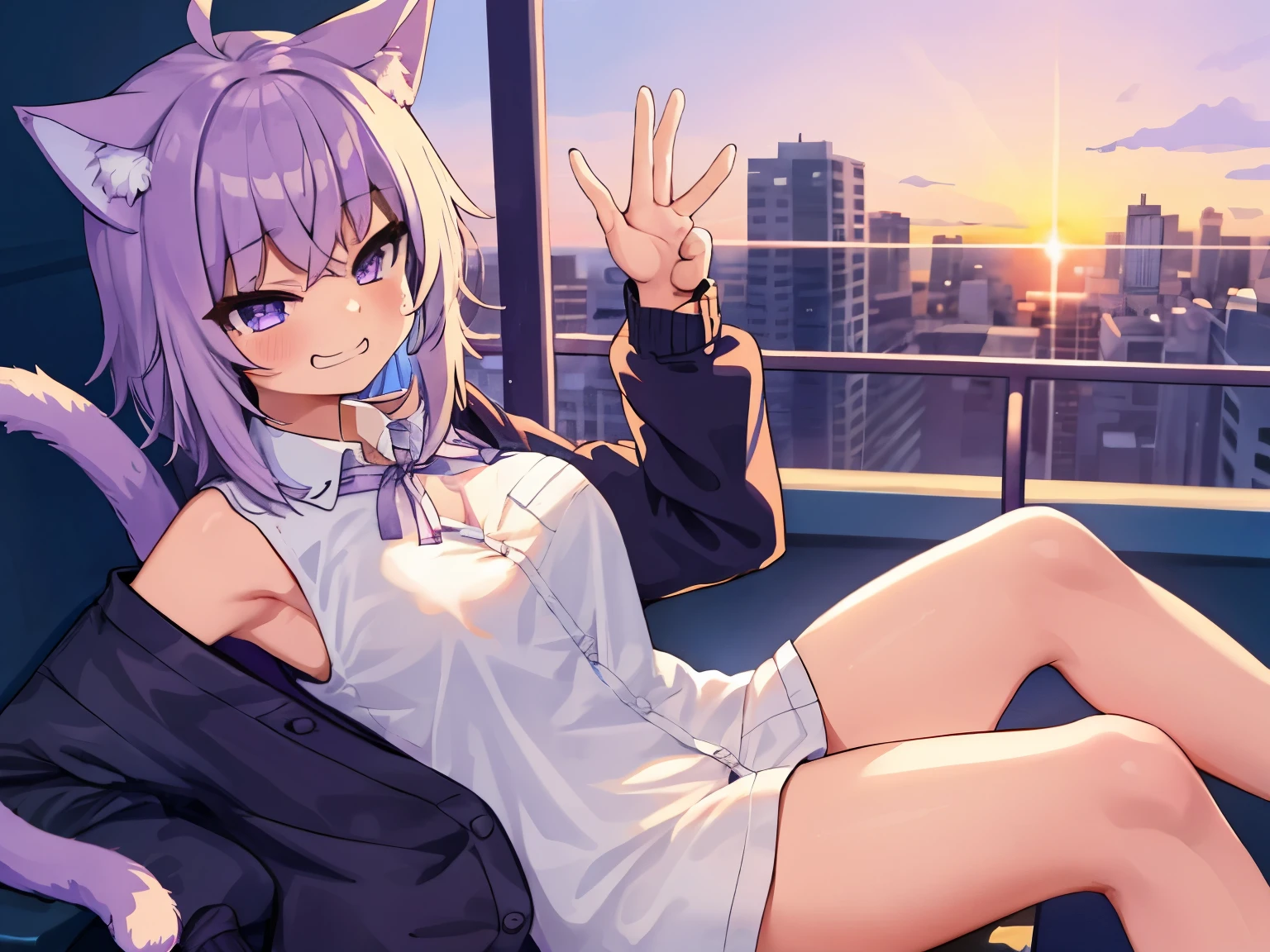 okayucasual, dress shirt, purple ribbon, naked shirt, open cardigan, cat tail, ahoge, sitting, armpits peek, smile, 1girl, night