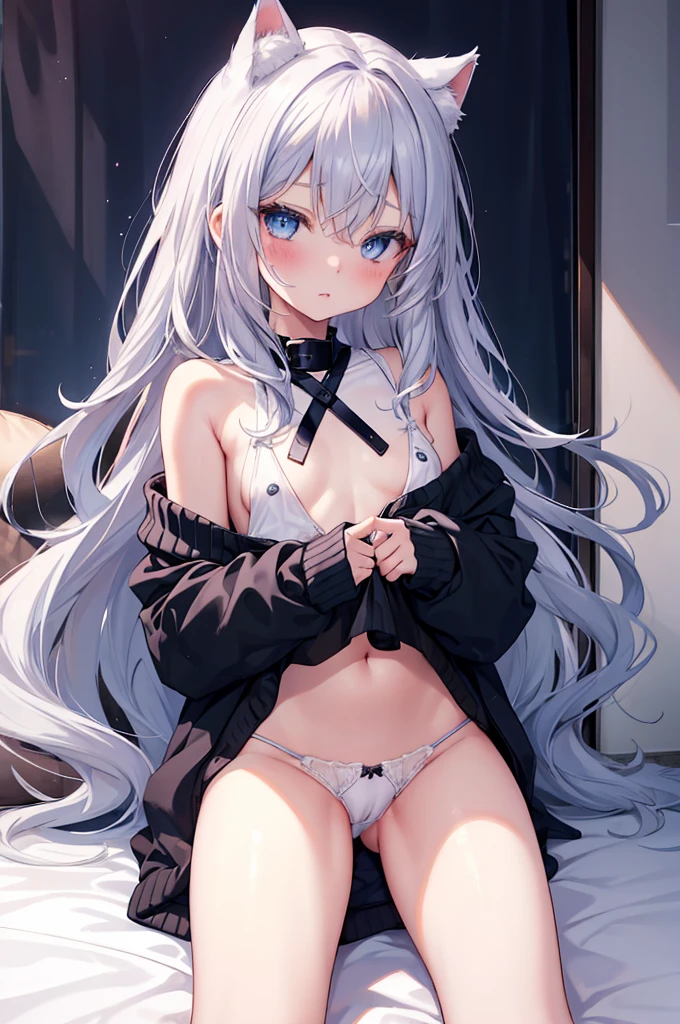 best quality, ultra precision, 1girl, cute, , young, boyish, childish, small breasts, silver hair, cat ears, blue eyes, beautiful eyes, girl, ecstasy, sailor collar, estrus, metestrus, start to undress, naughty mood, she loves you, lost virgin, virgin, blush, sexy, beautiful skin, big bow on chest I'm not wearing panties BLUE SWEATER, BLACK SHIRT, SHIRT UNDER SWEATER, OFF SHOULDER TOP) Tsundere spread legs open legs