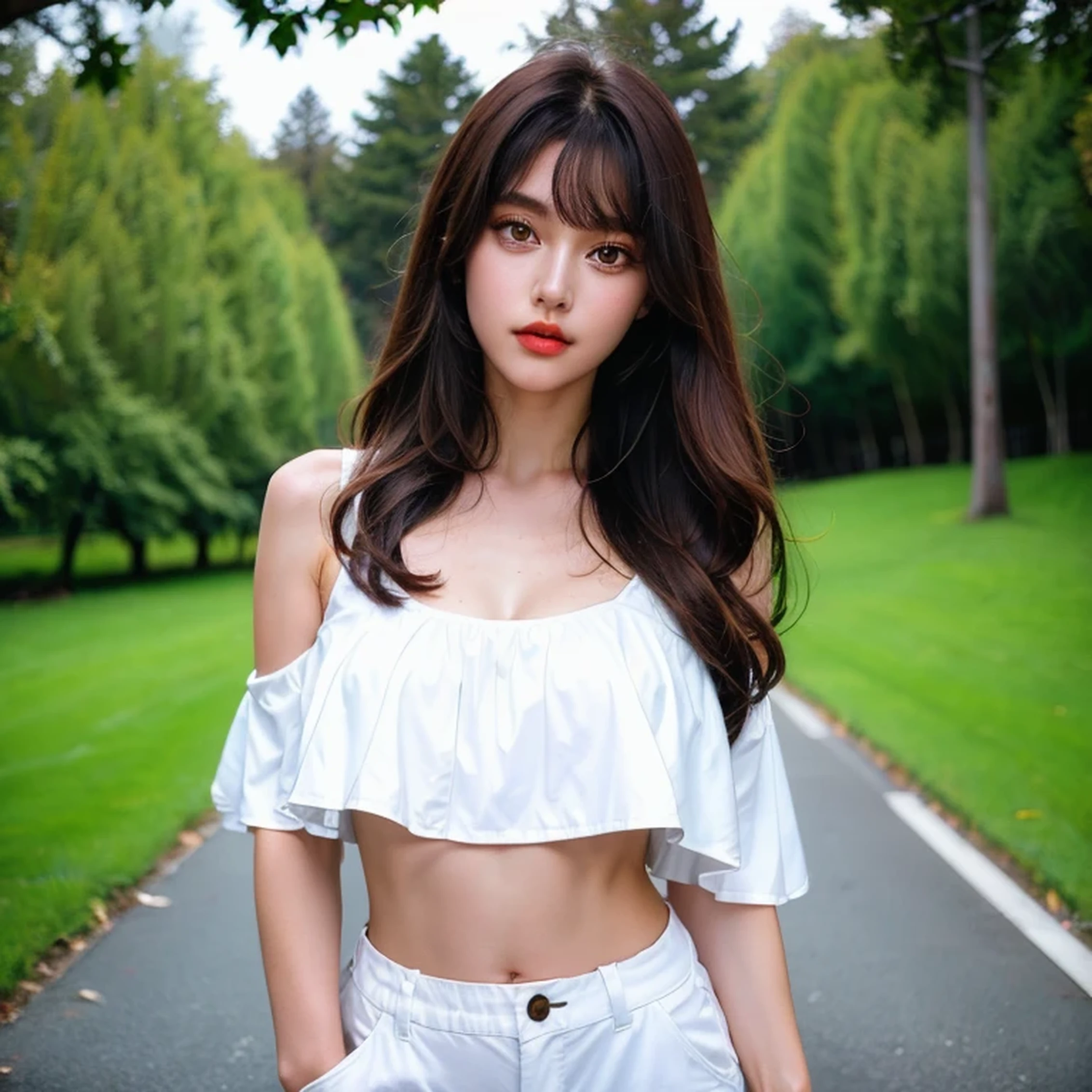 8k, best quality, masterpiece, highly detailed, semi realistic, a girl, a girl, 20 years old, looking at hands, long dark brown hair with bangs, curly hair, green eyes, black Japanese style cut clothes, white pants, bare shoulders, golden details, thin figure, cold expression, battle scenes, outdoors, forest background, with many trees and dark sky