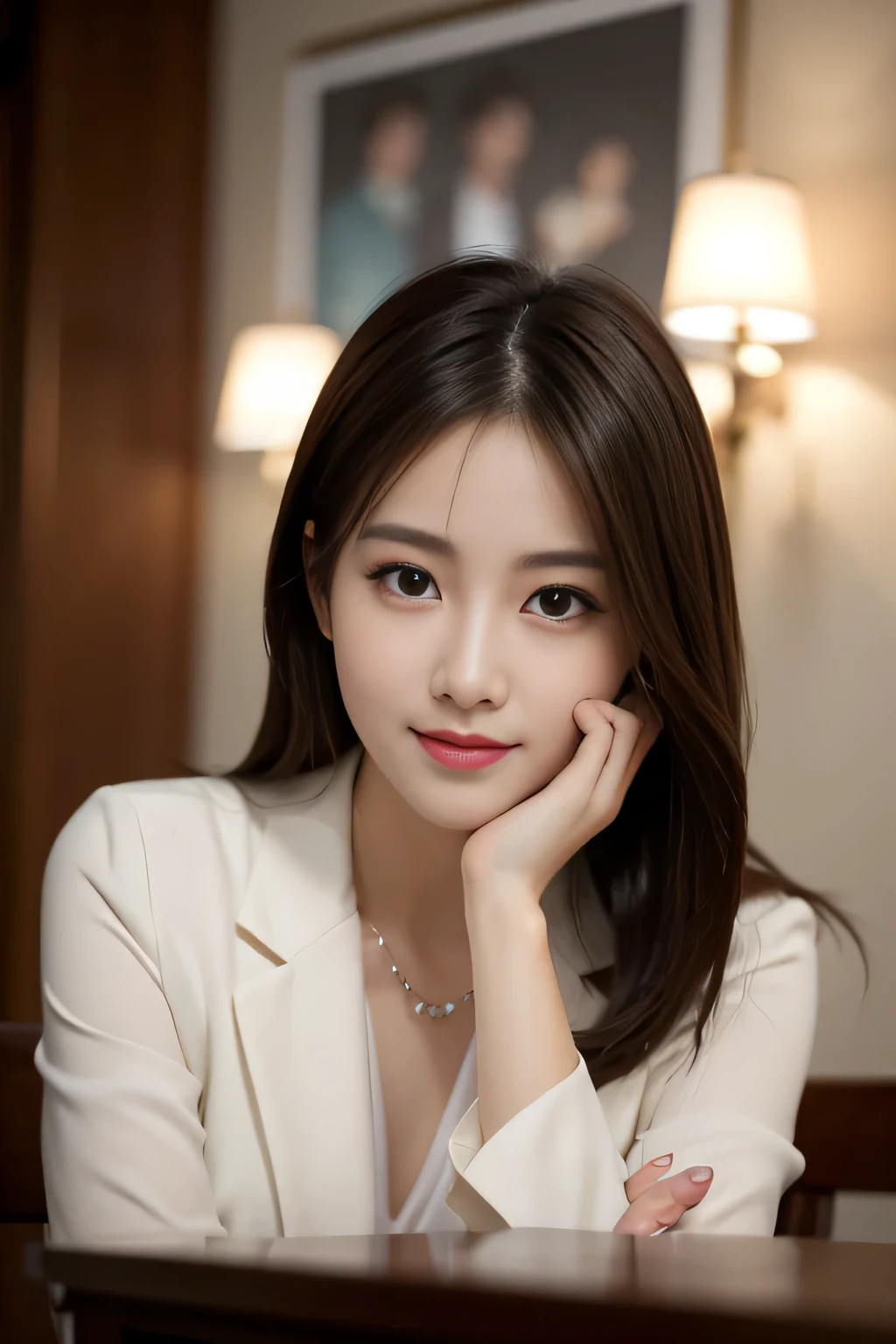On the table, best qualtiy, realisticlying, ultra - detailed, Up to detail, hight resolution, 4k wallpaper, 1 beautiful woman,, light brown messy hair, Dressed in a suit, tack sharp focus, Perfect dynamic composition, beautiful and delicate eyes, Delicate hair, 细致realisticlying的皮肤纹理, Smiling, closeup portrait, Model body type