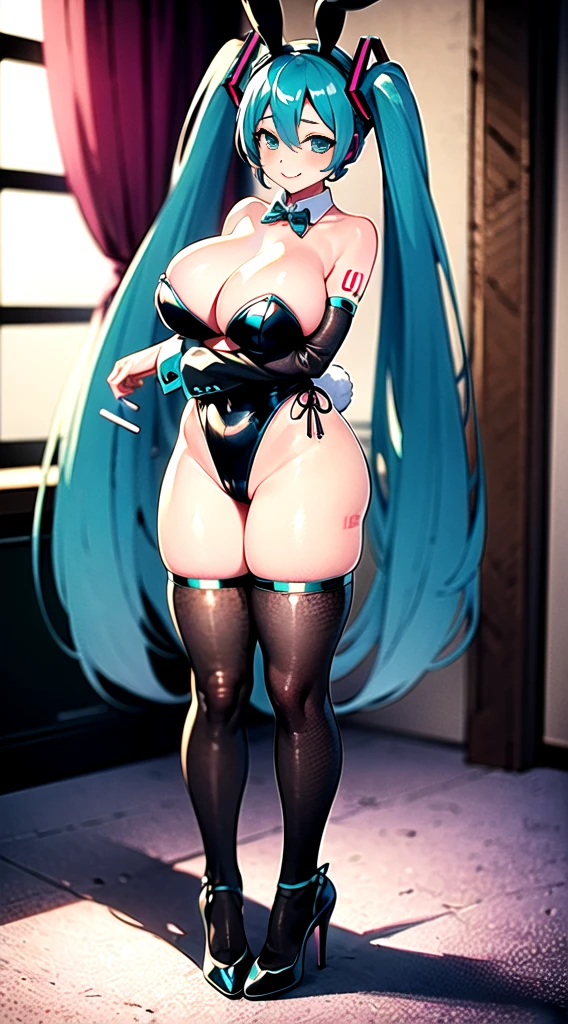 nsfw, ((Hatsune Miku)), sexy outfit, twintails, high-leg leotard, high heels, ((bunny girl)), (huge breasts), black stocking, ((rabbit ear hair ornaments)), Scalpel face, sexy pose, in room, high quality, high resolution, anime style