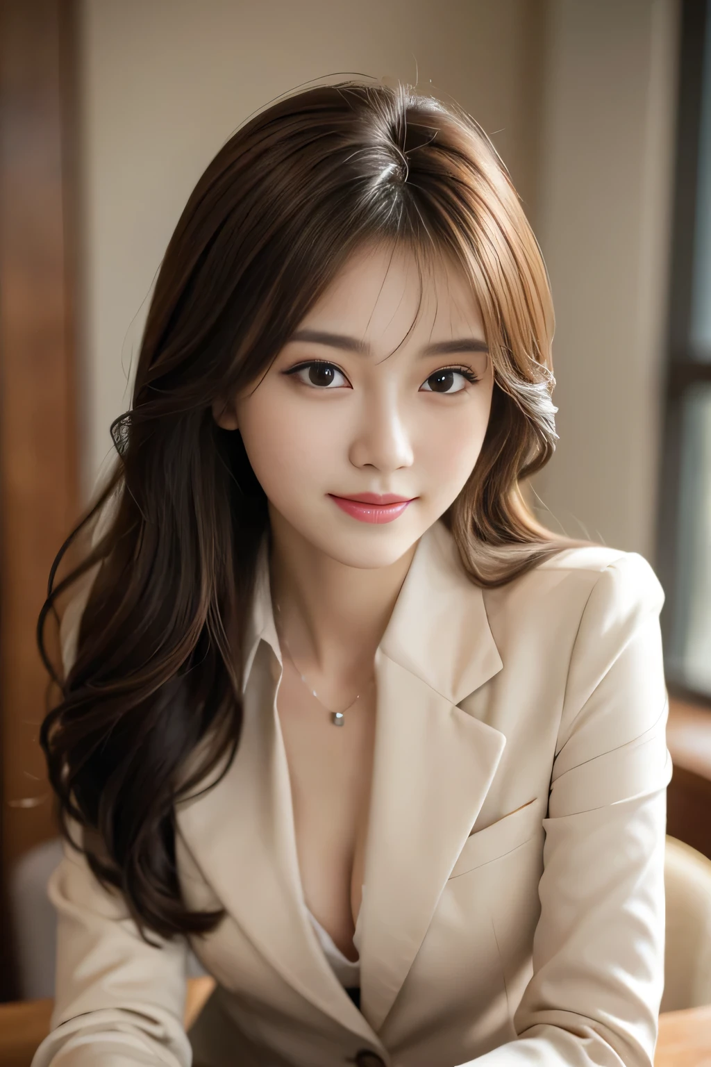 table top, highest quality, realistic, Super detailed, finely, High resolution, 8k wallpaper, 1 beautiful woman,, light brown messy hair, wearing a business suit, sharp focus, perfect dynamic composition, beautiful and detailed eyes, thin hair, Detailed realistic skin texture, smile, close-up portrait, model body shape