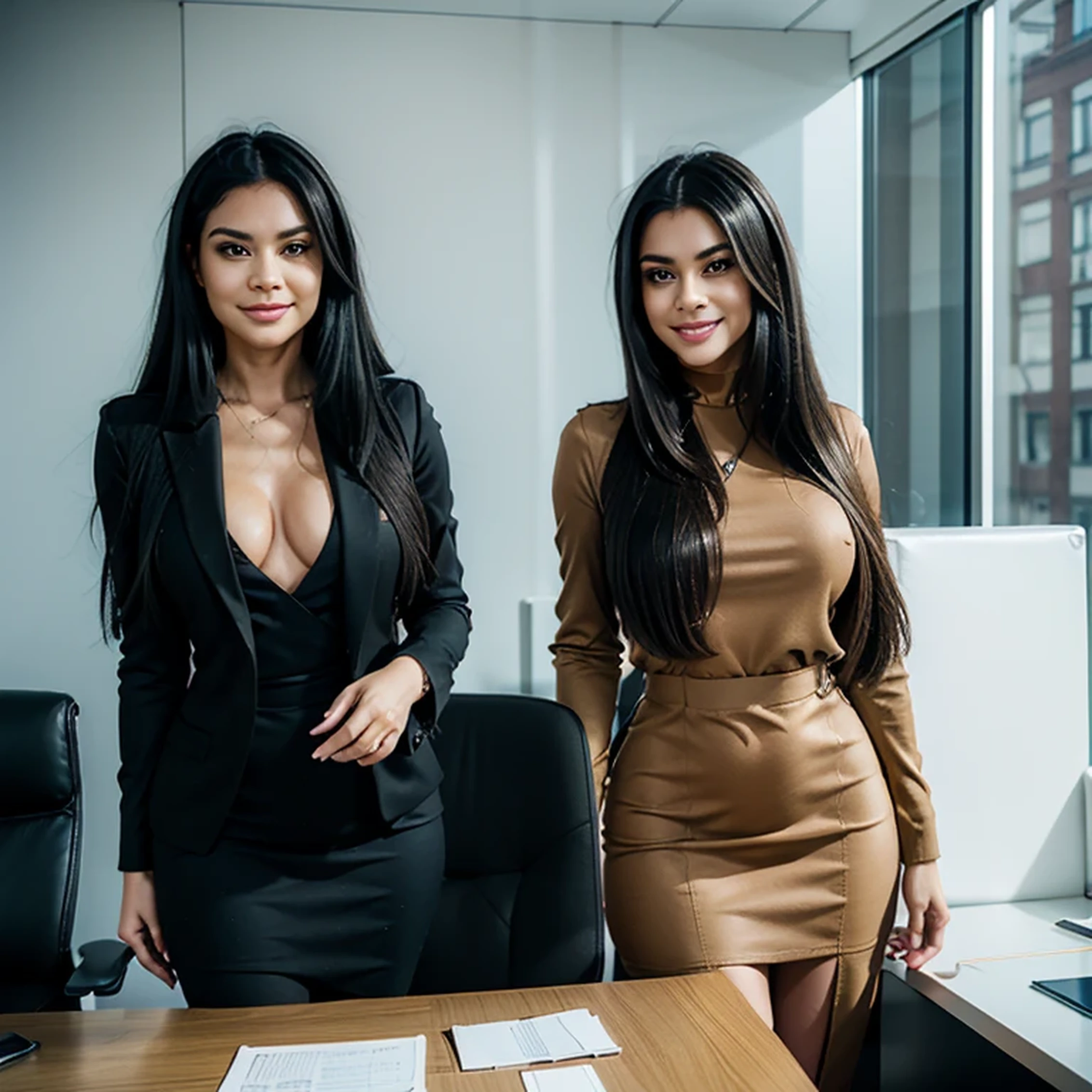 The male protagonist talks with a woman with black long hair professional clothes, the woman smiles and the picture is pleasant, in five luxurious offices