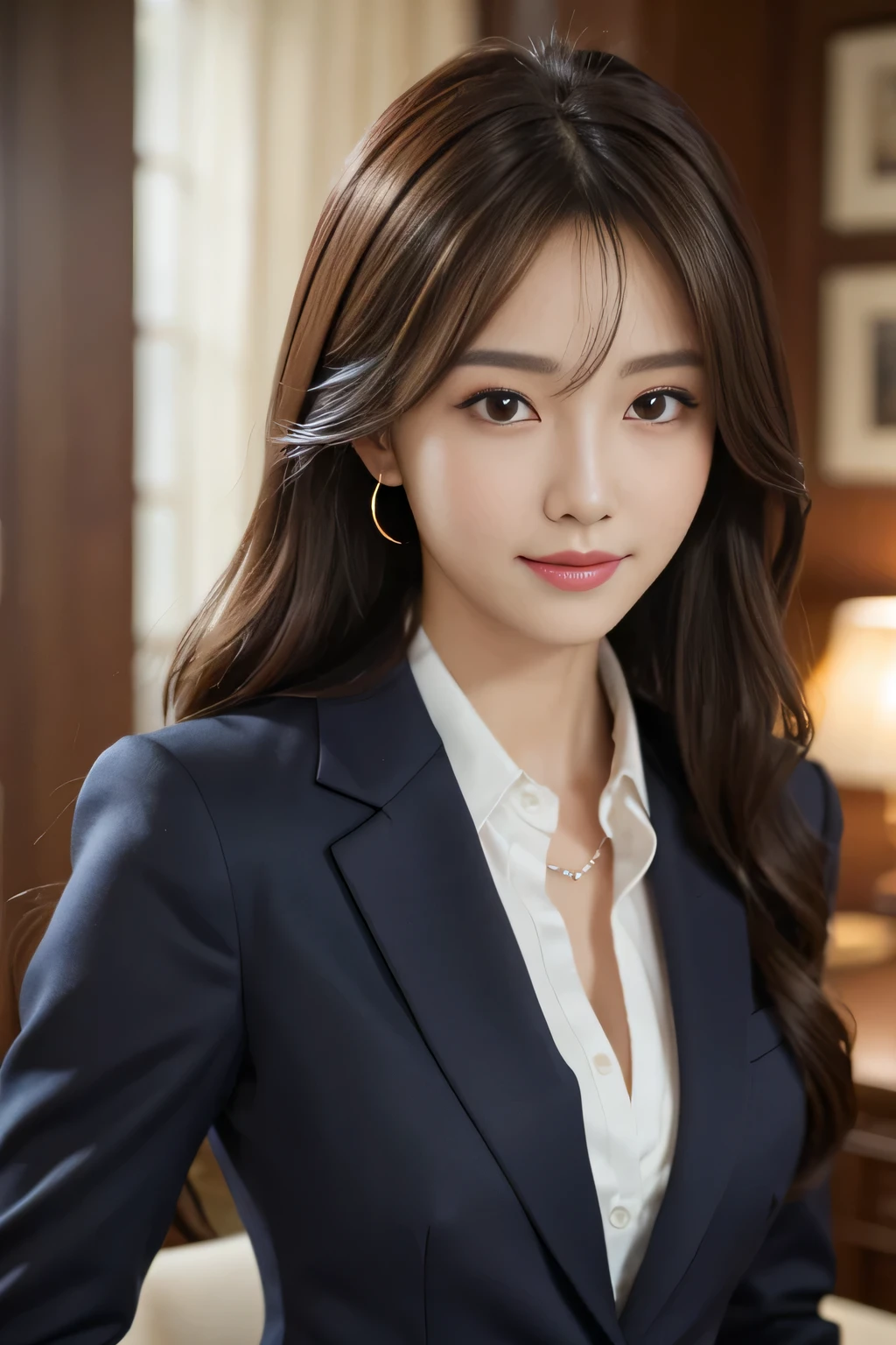 On the table, best qualtiy, realisticlying, ultra - detailed, Up to detail, hight resolution, 4k wallpaper, 1 beautiful woman,, light brown messy hair, Dressed in a suit, tack sharp focus, Perfect dynamic composition, beautiful and delicate eyes, Delicate hair, 细致realisticlying的皮肤纹理, Smiling, closeup portrait, Model body type