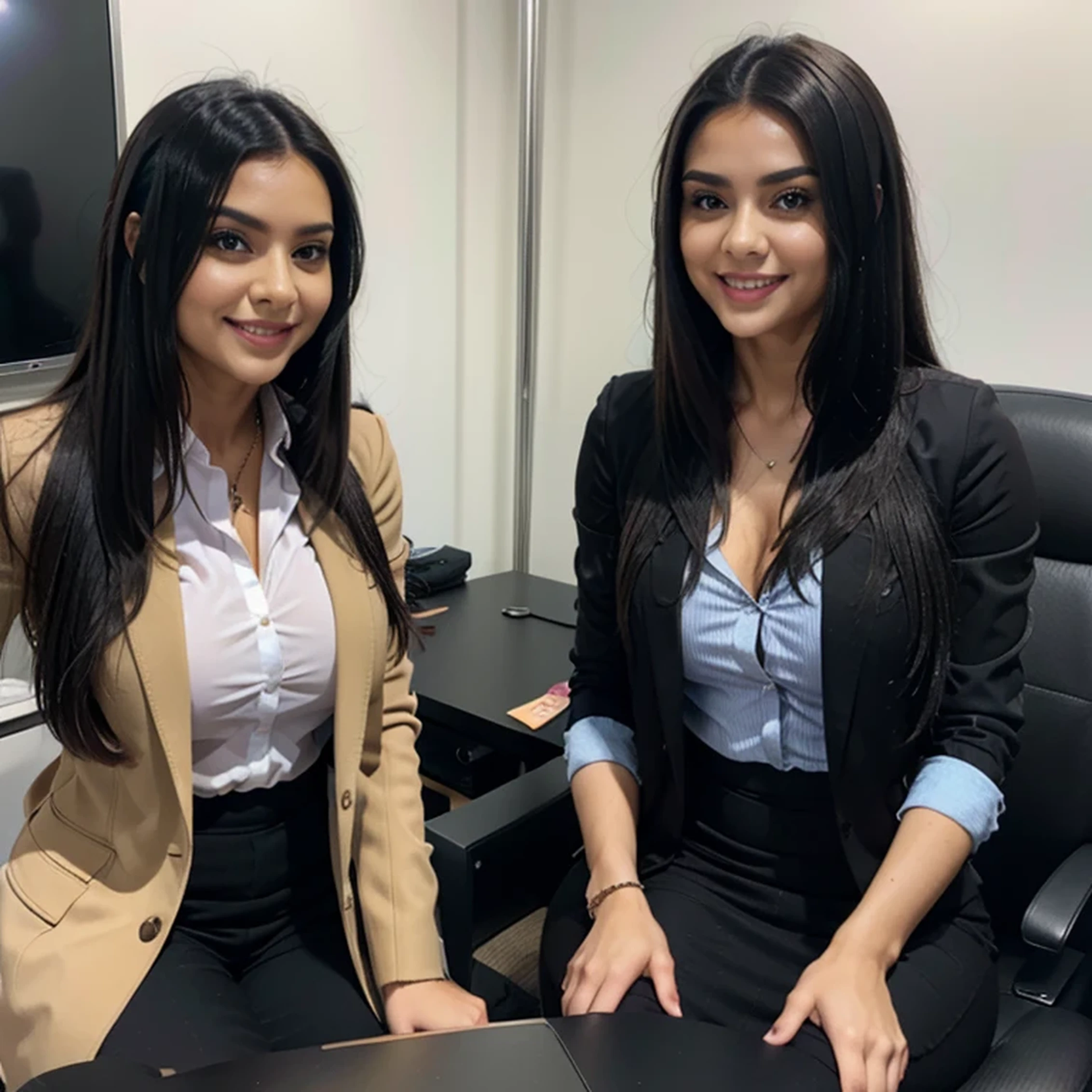 The male protagonist talks with a woman with black long hair professional clothes, the woman smiles and the picture is pleasant, in five luxurious offices