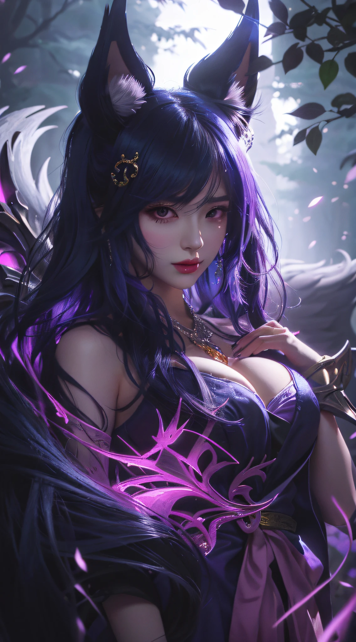 Menina anime com chifres e vestido roxo em madeiras, Orelha de Fera，clivagem，portrait of Ahri, Ahri, Artgerm extremamente detalhado, artgerm detalhado, Ahri from league of legend, arte de anime digital detalhada, germe da arte on ArtStation Pixiv, germe da arte. High detail, estilo artgerm, seraphine Ahri kda