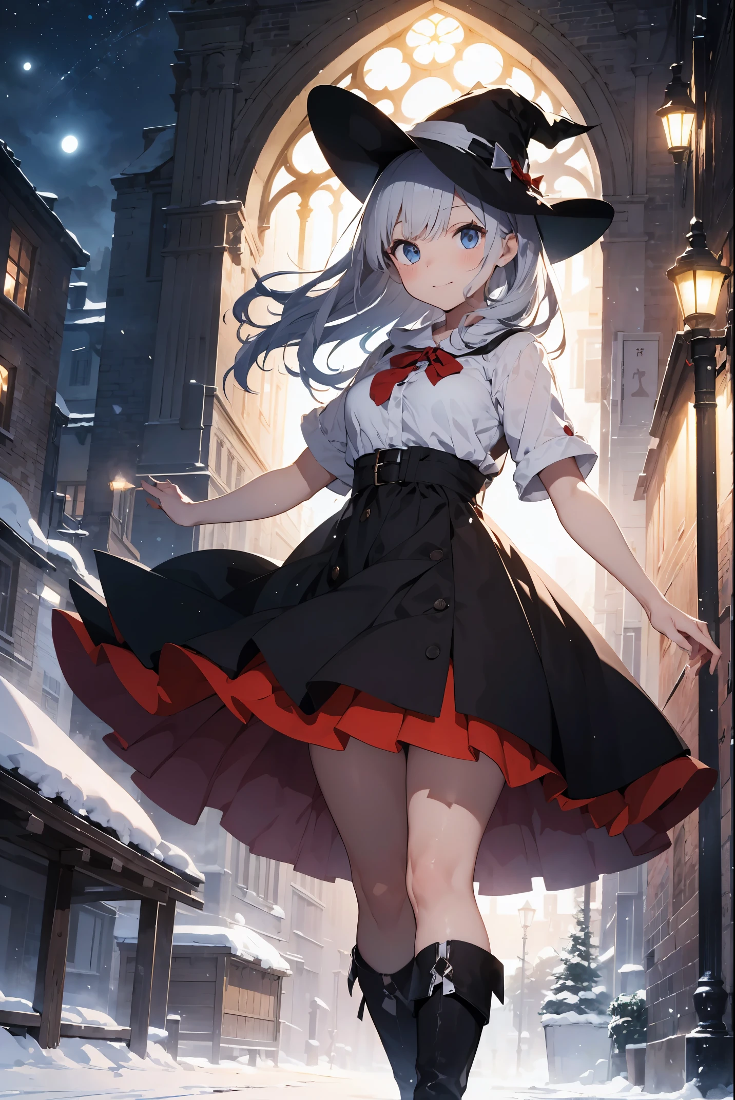 absurdres, absolutely resolution, incredibly absurdres, highres, ultra detailed, official art, unity 8k wallpaper
BREAK
1 girl, soro, neat, classy, beautiful girl, decent,
BREAK
"On a white Christmas night, a female witch with short silvery-white bobbed hair stands in front of Our Lady of the Cathedral as snow falls silently. Her large blue eyes sparkle mysteriously, and a light smile is on her face. Her witch dress is black with red accents, and she wears red boots and a black hat adorned with a red ribbon. Behind the cathedral, illuminated lights sparkle, harmonizing with the pure white snow to create a warm scene.
BREAK
The woman's palm gently captures a cluster of fluorescent particles dancing around her, from which delicate bubbles are formed and float in the air. The bubbles emit a fantastic light and sparkle as if they are magic bubbles. The spires of the cathedral are illuminated by the moonlight, their majestic silhouettes glowing in the night sky.
BREAK
This illustration represents a miraculous moment of a white Christmas, where mystery and warmth intersect."
BREAK
This prompt is intended to produce an illustration that is magical, warm, and evocative of a white Christmas.